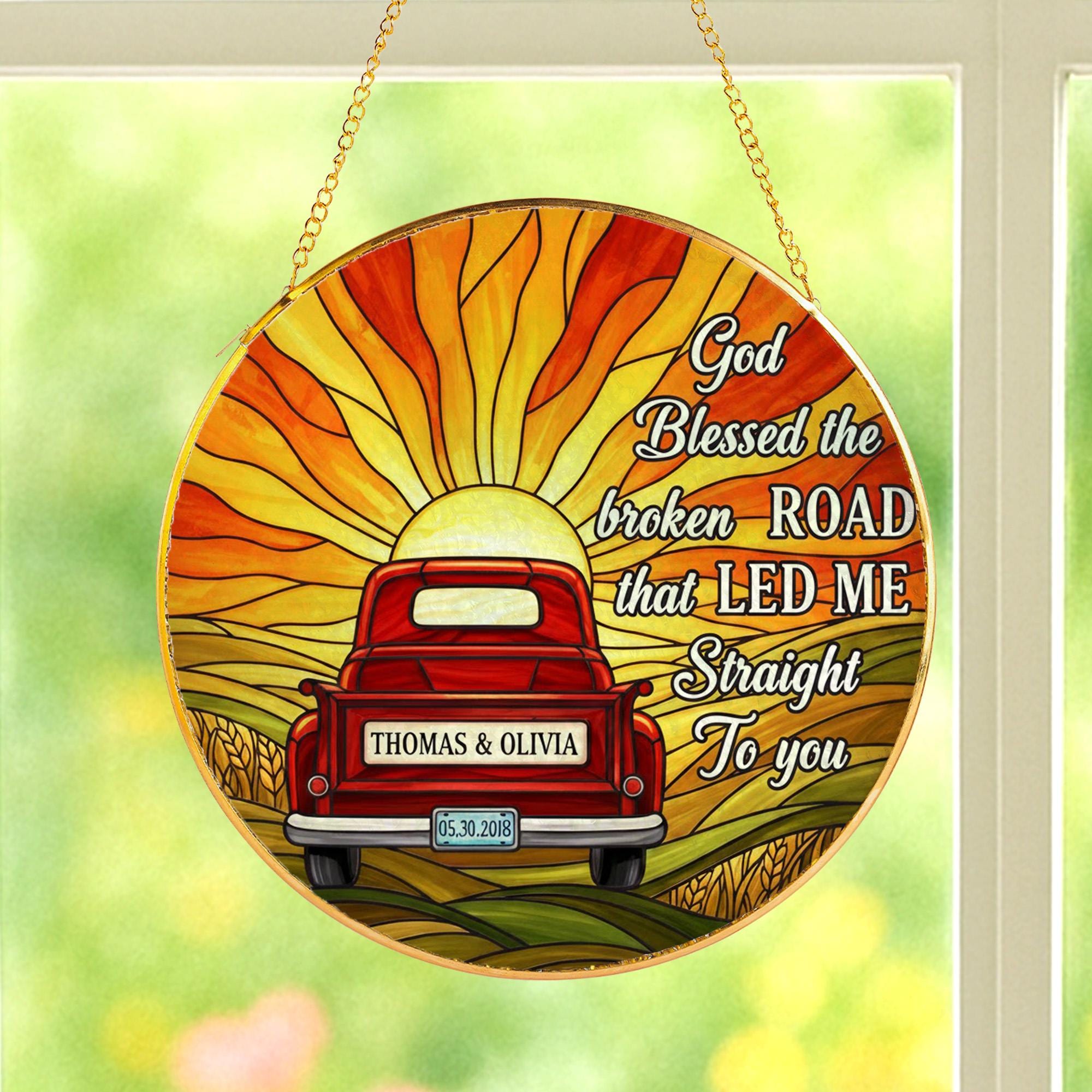 Glass Suncatcher: Vintage Truck Landscape, Personalized Couple Name and Date Design image 1