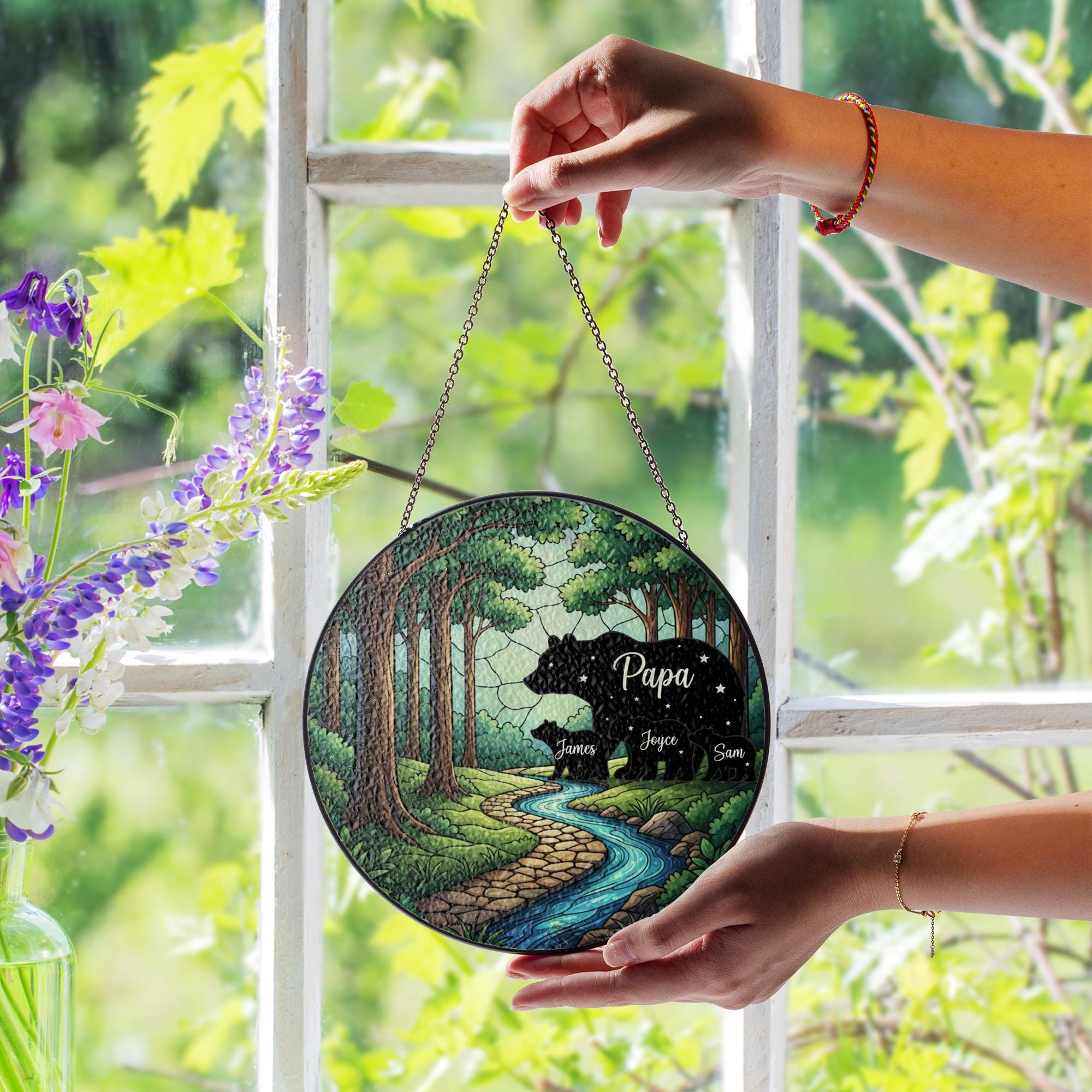 Glass Suncatcher: Forest Bear Silhouette, Personalized Names, Starry Night Design image 2