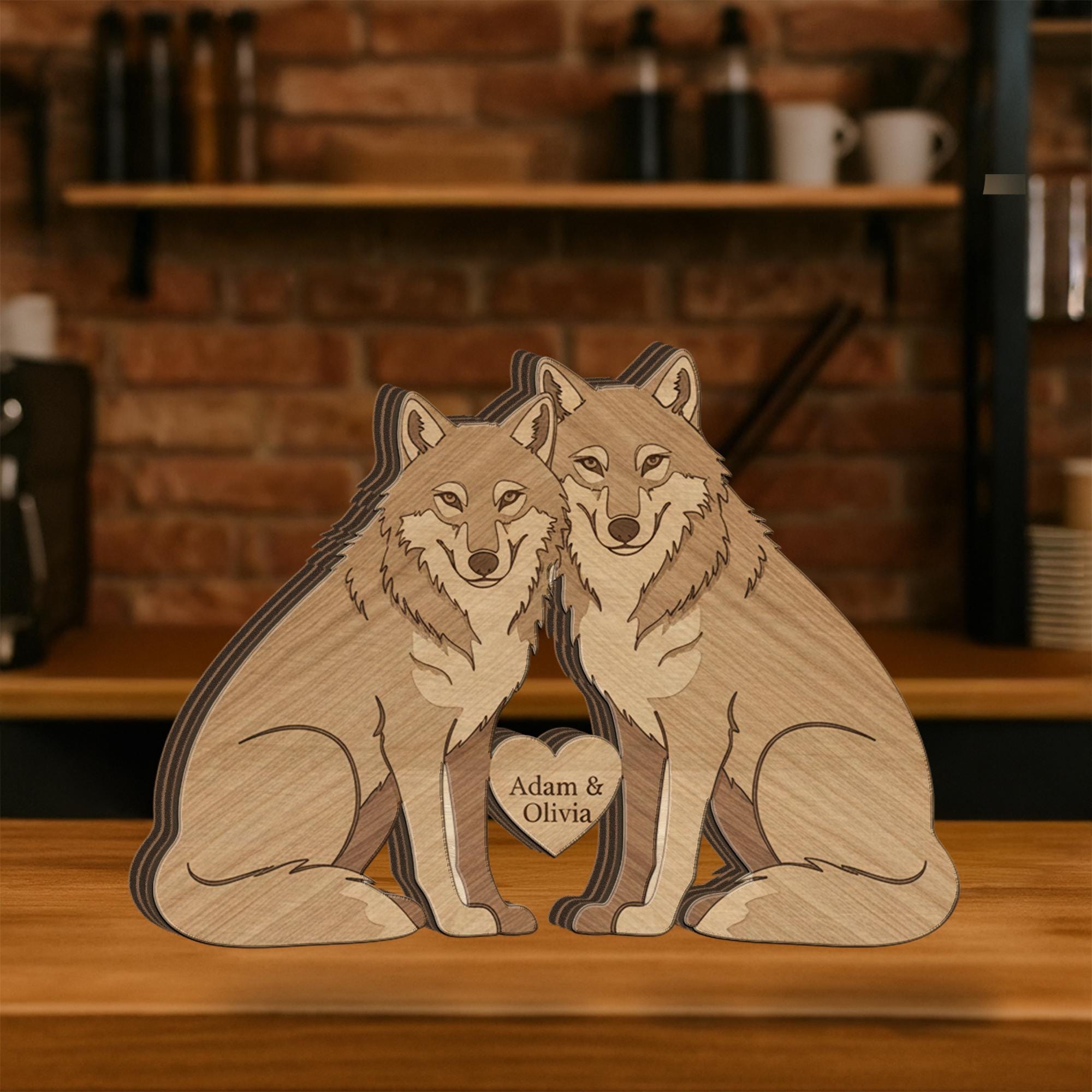 Custom Wolf Couple Wooden Blocks – Animal Pair Table Decor image 2