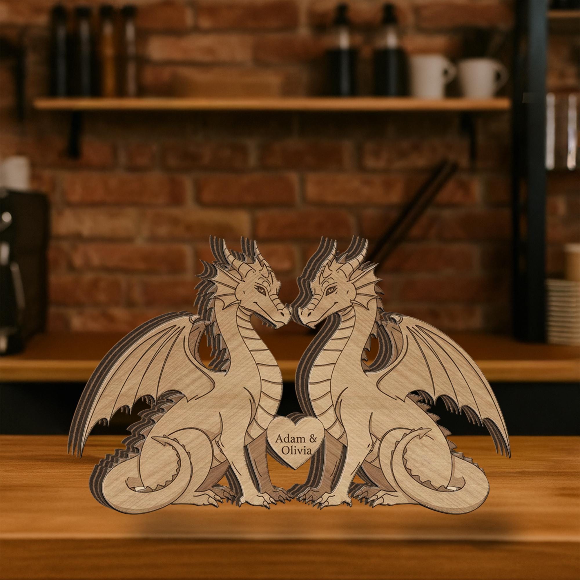 Custom Dragon Couple Wooden Blocks – Fantasy Animal Table Decor image 1