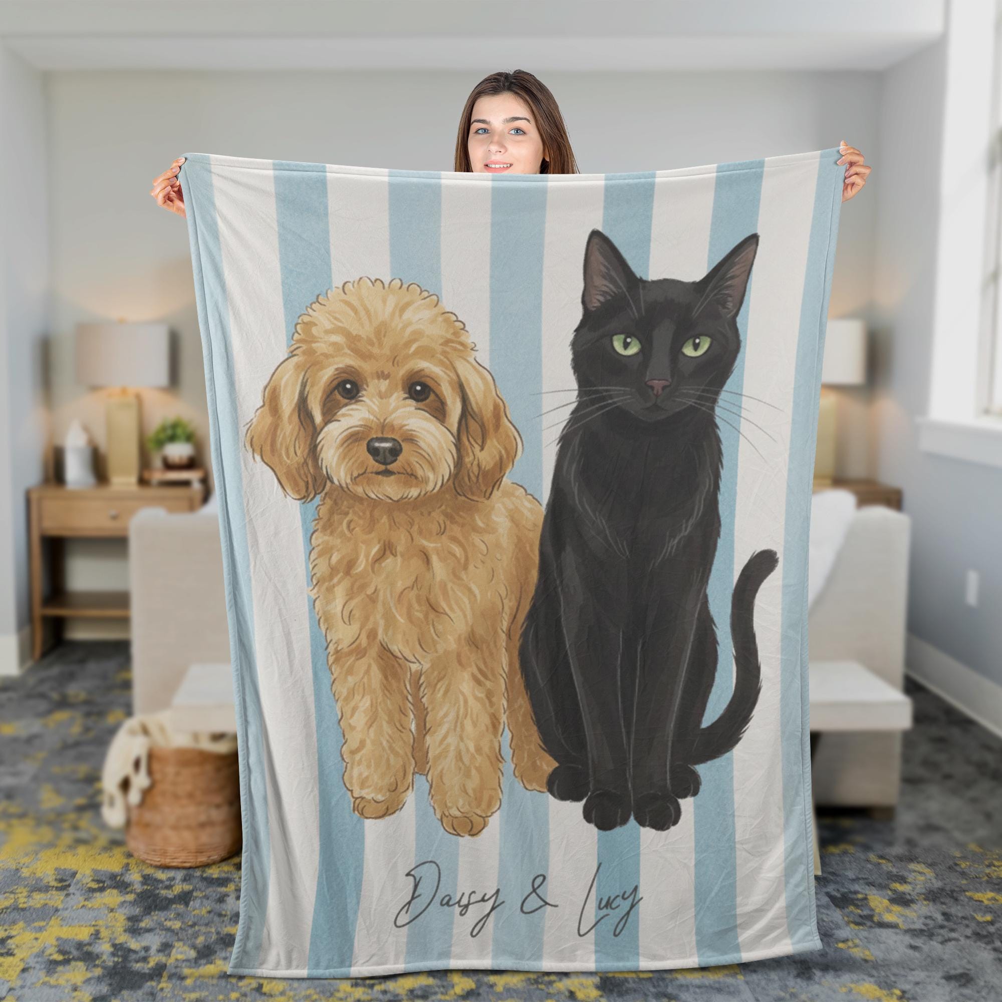 Custom Pet Portrait Fleece Blanket: Personalized Dog and Cat Stripe image 1