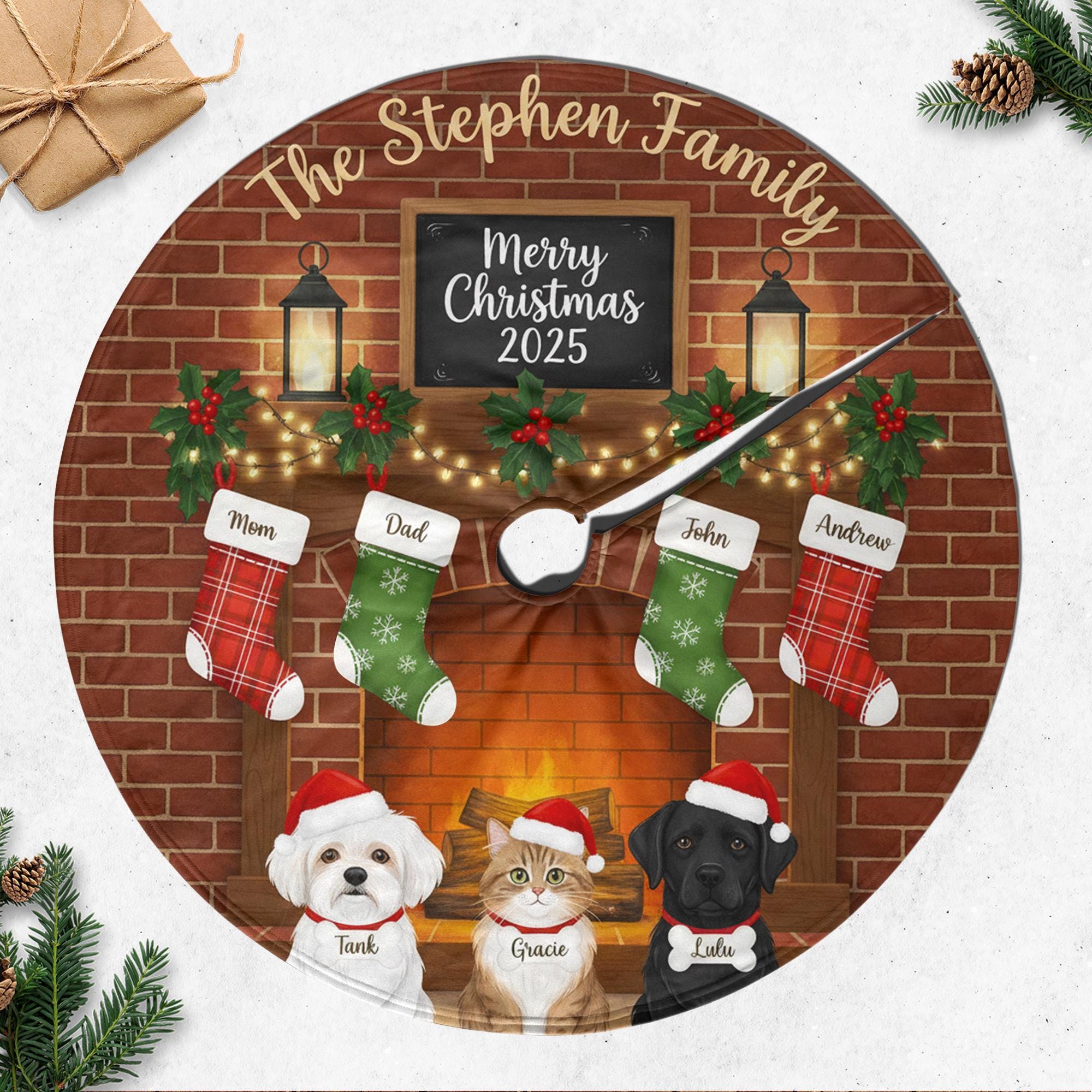 Custom Christmas Tree Skirt, Personalized Family Name Fireplace, Stockings and Pets image 1