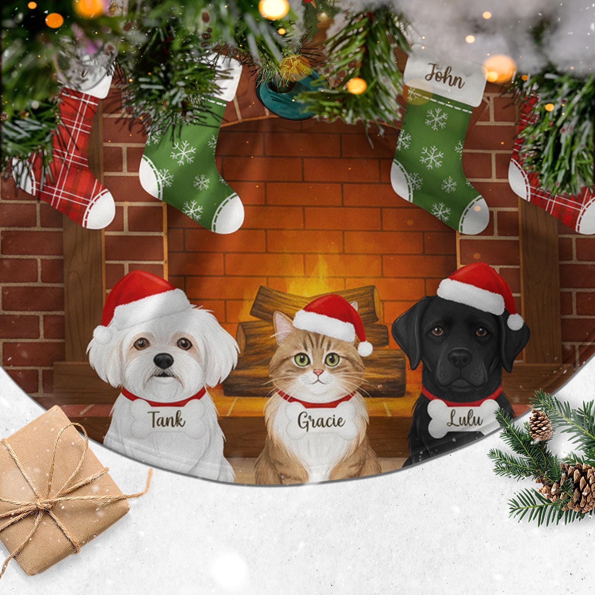 Custom Christmas Tree Skirt, Personalized Family Name Fireplace, Stockings and Pets image 2