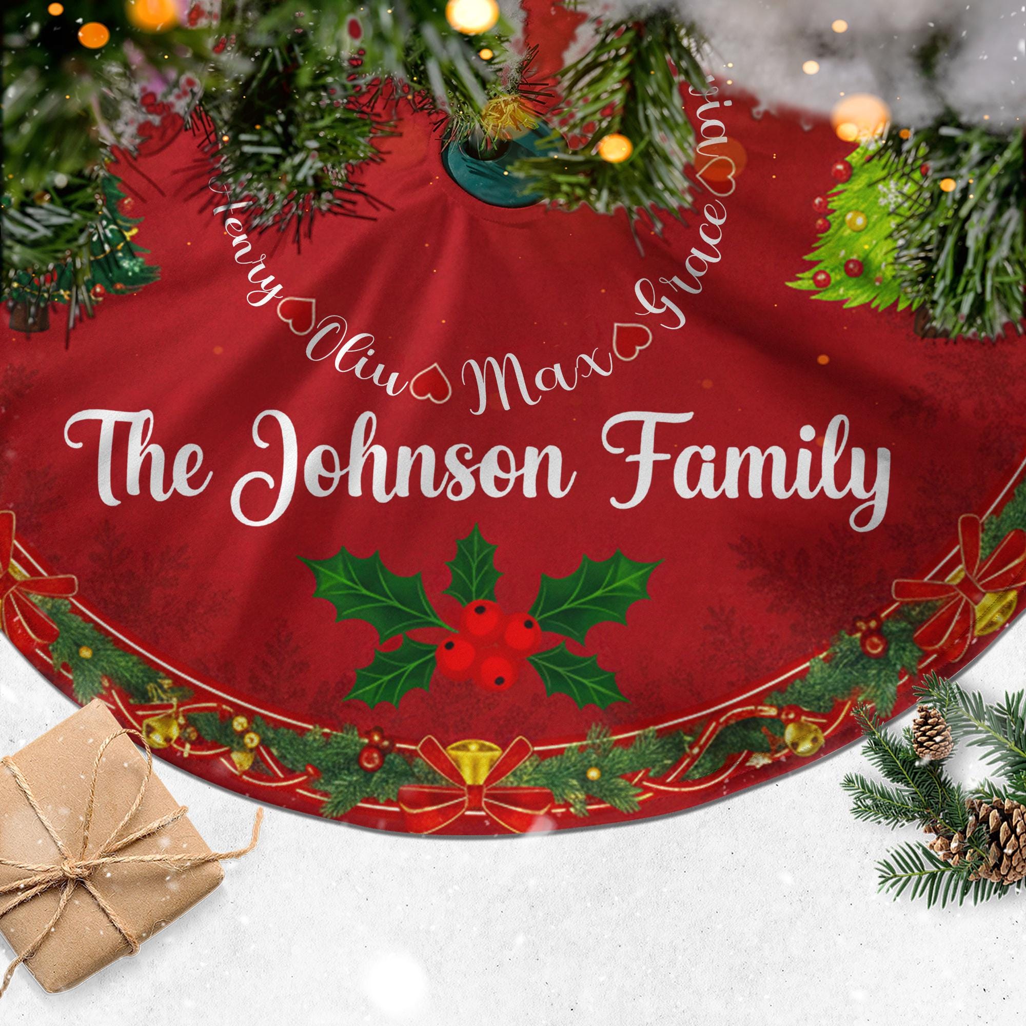 Custom Christmas Tree Skirt, Personalized Family Name, Red Round Evergreen Tree Pattern, Garland Border image 2