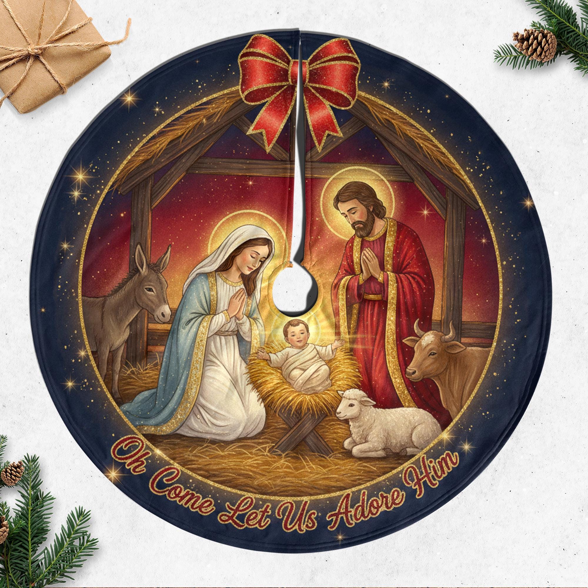 Nativity Christmas Tree Skirt, Navy Blue Round Manger Scene, Holy Family, Gold Star Border image 1