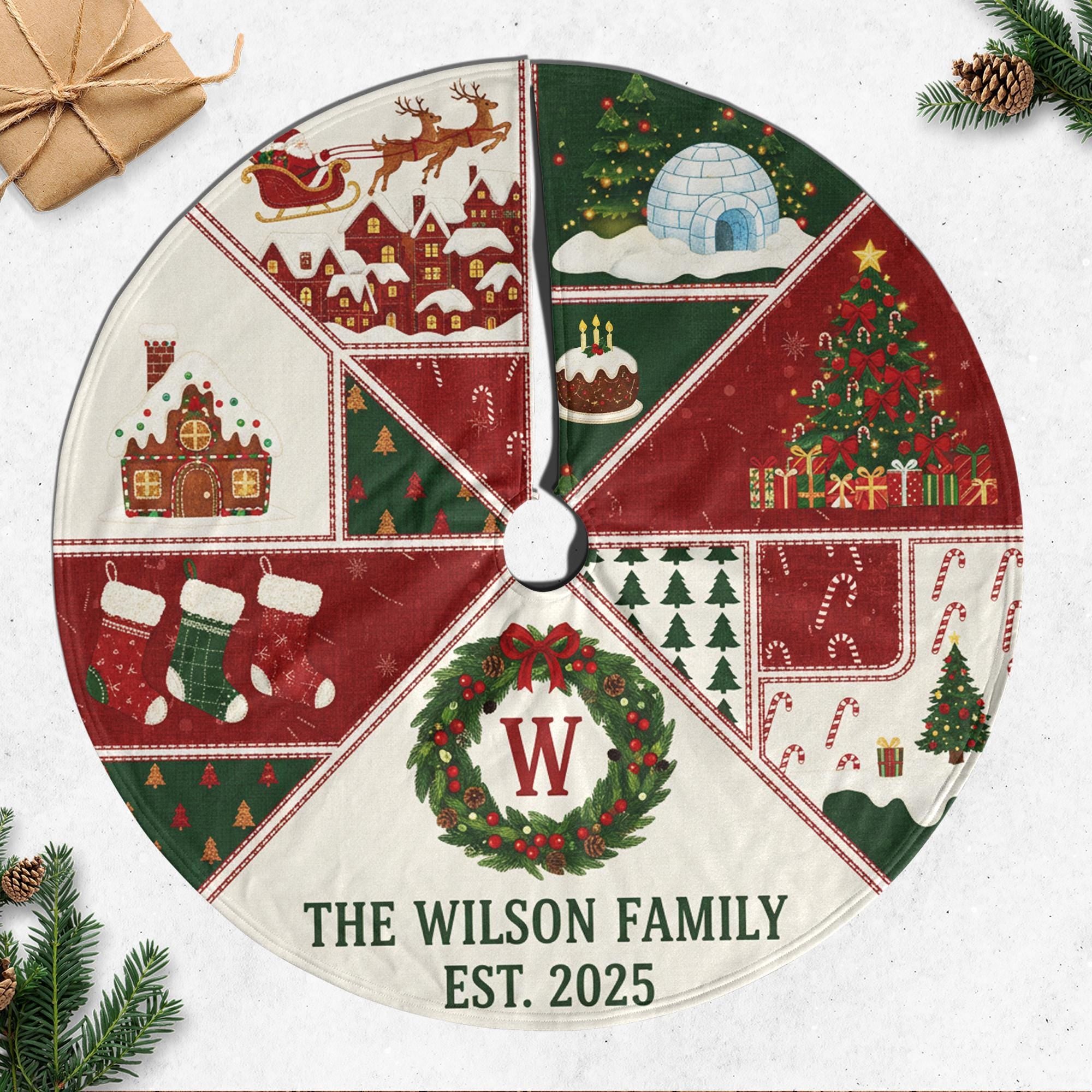 Personalized Christmas Tree Skirt, Patchwork Holiday Blocks, Family Name Wreath Monogram image 1