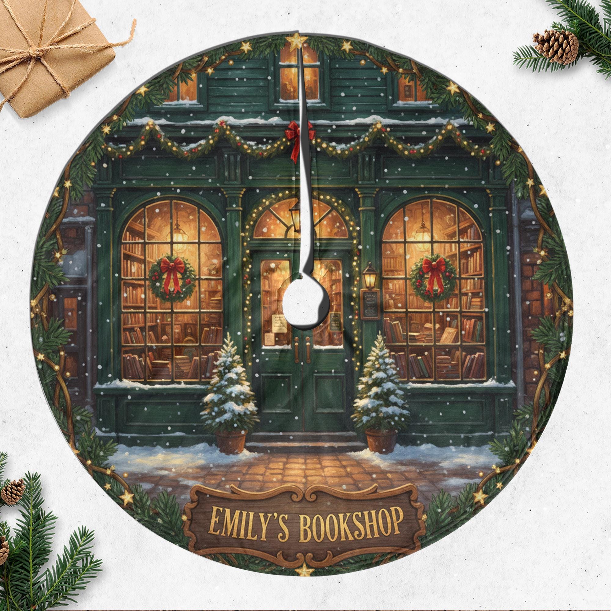 Personalized Bookstore Christmas Tree Skirt, Bookshop Storefront Winter Scene image 2