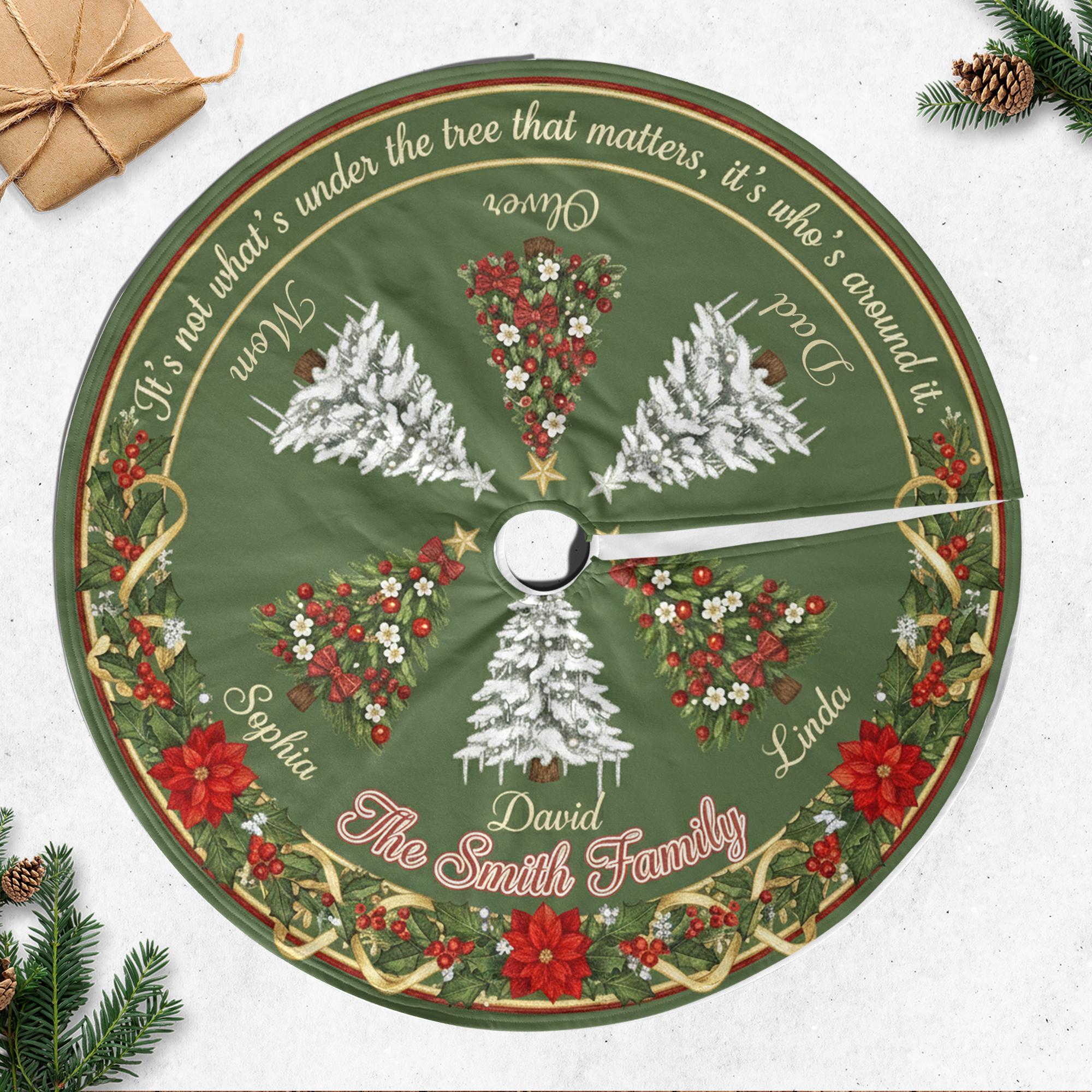 Personalized Christmas Tree Skirt, Green Round Family Names, Winter Trees Holly Border, Quote Circle image 1