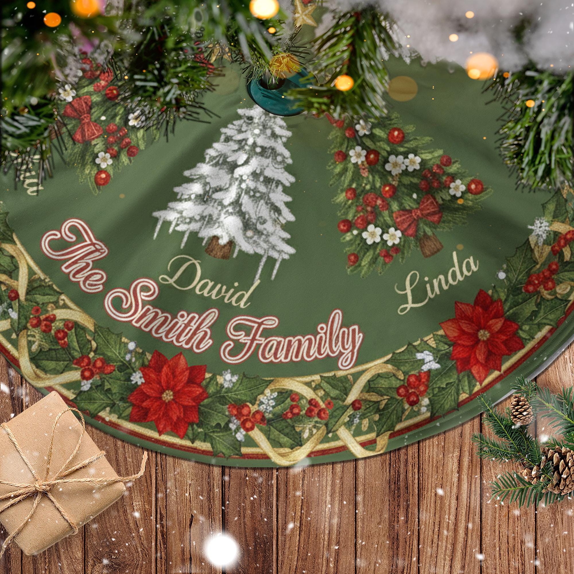 Personalized Christmas Tree Skirt, Green Round Family Names, Winter Trees Holly Border, Quote Circle image 2