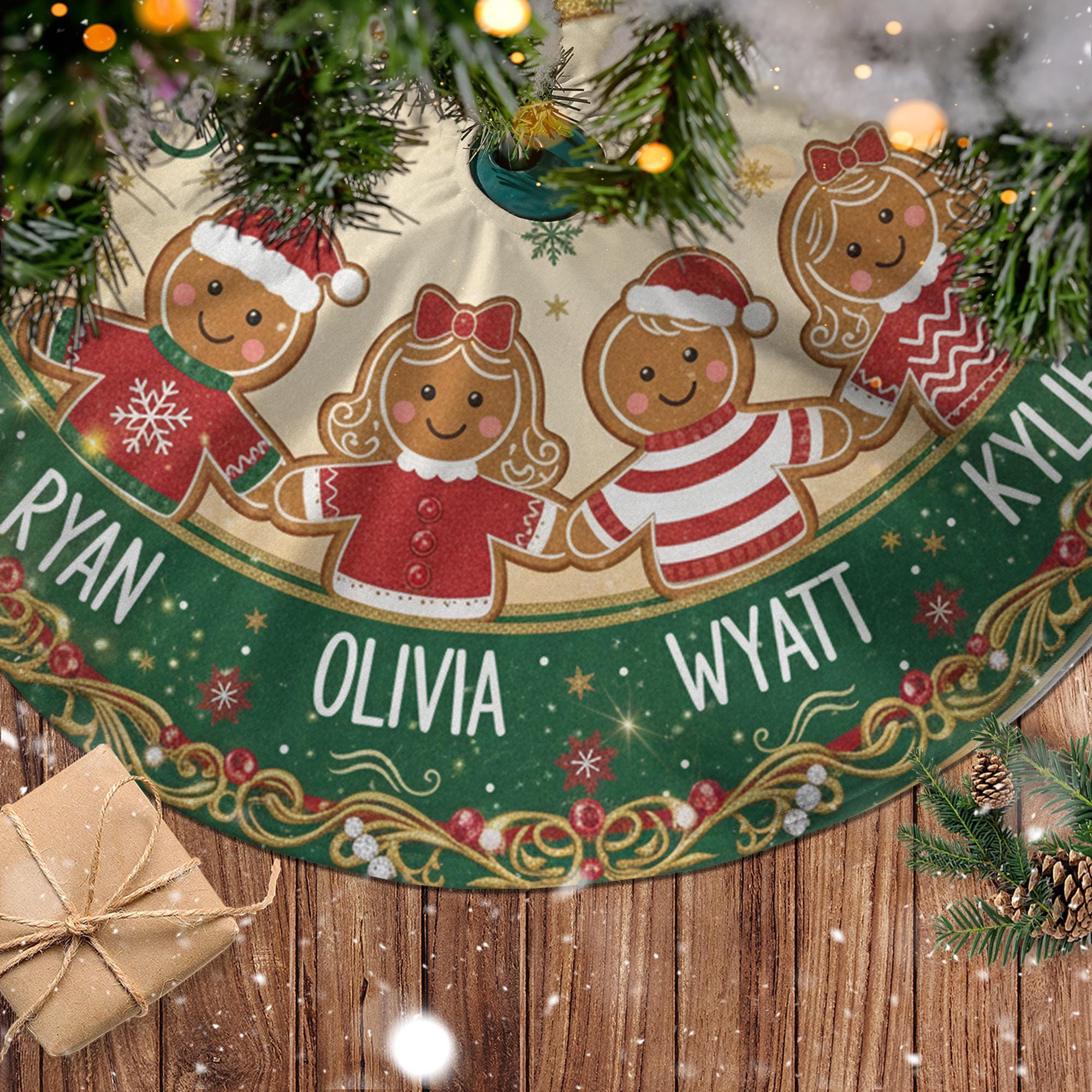 Personalized Grandma Tree Skirt, Gingerbread Grandkids Names, Green Gold Round Christmas Tree Base Cover image 2