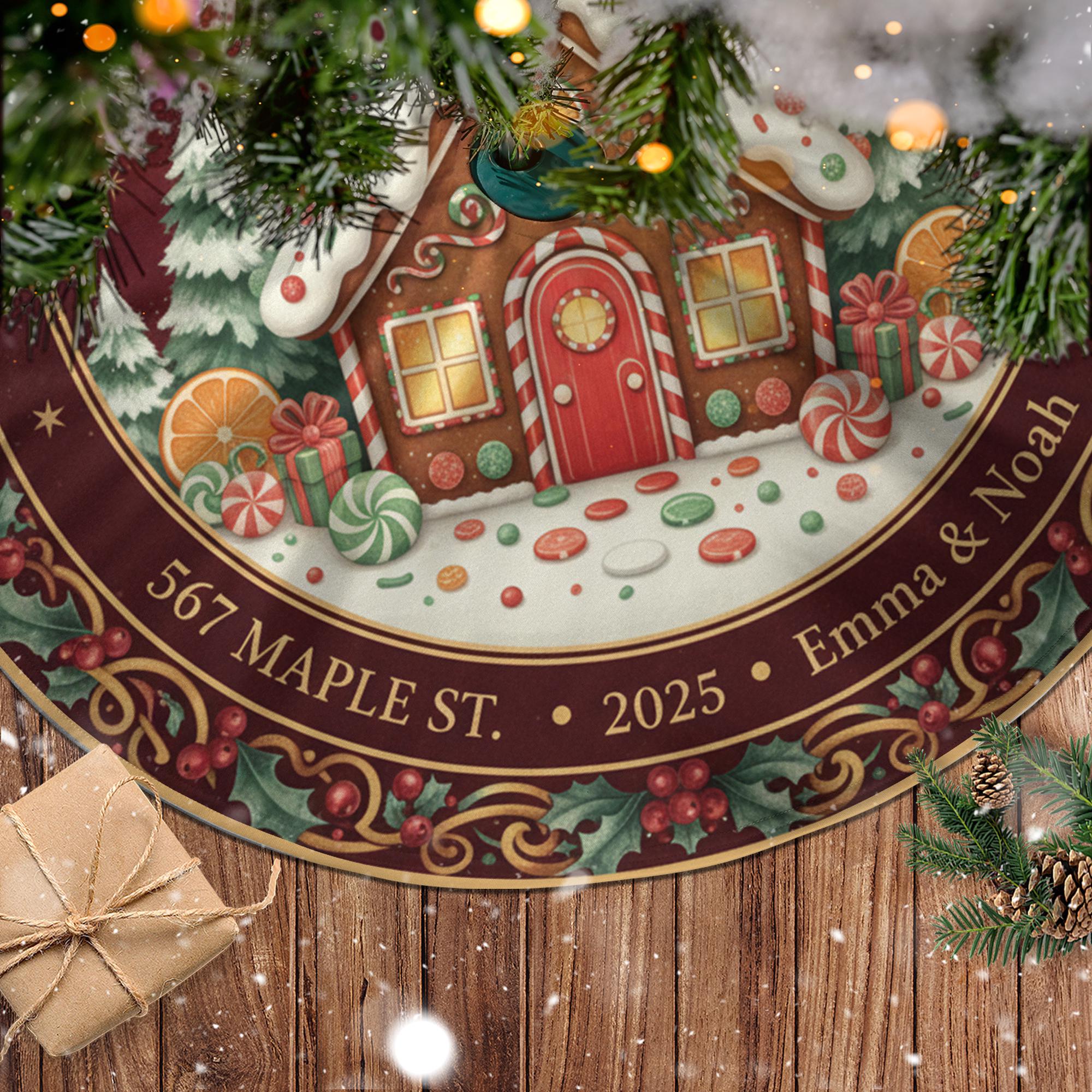 Personalized Christmas Gingerbread Tree Skirt, First Holiday in New Home, Custom Name Address Year image 2
