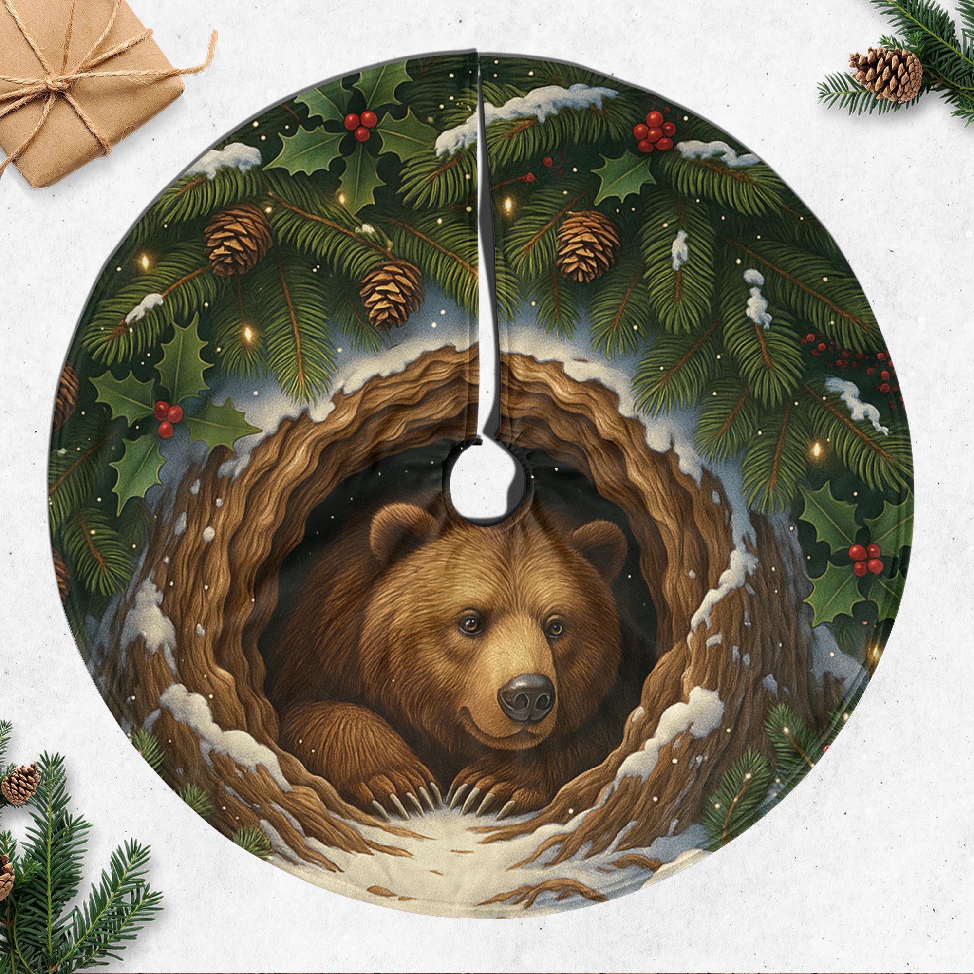 Woodland Bear Christmas Tree Skirt, Green Round Forest Cave Scene, Pine Holly Border image 2