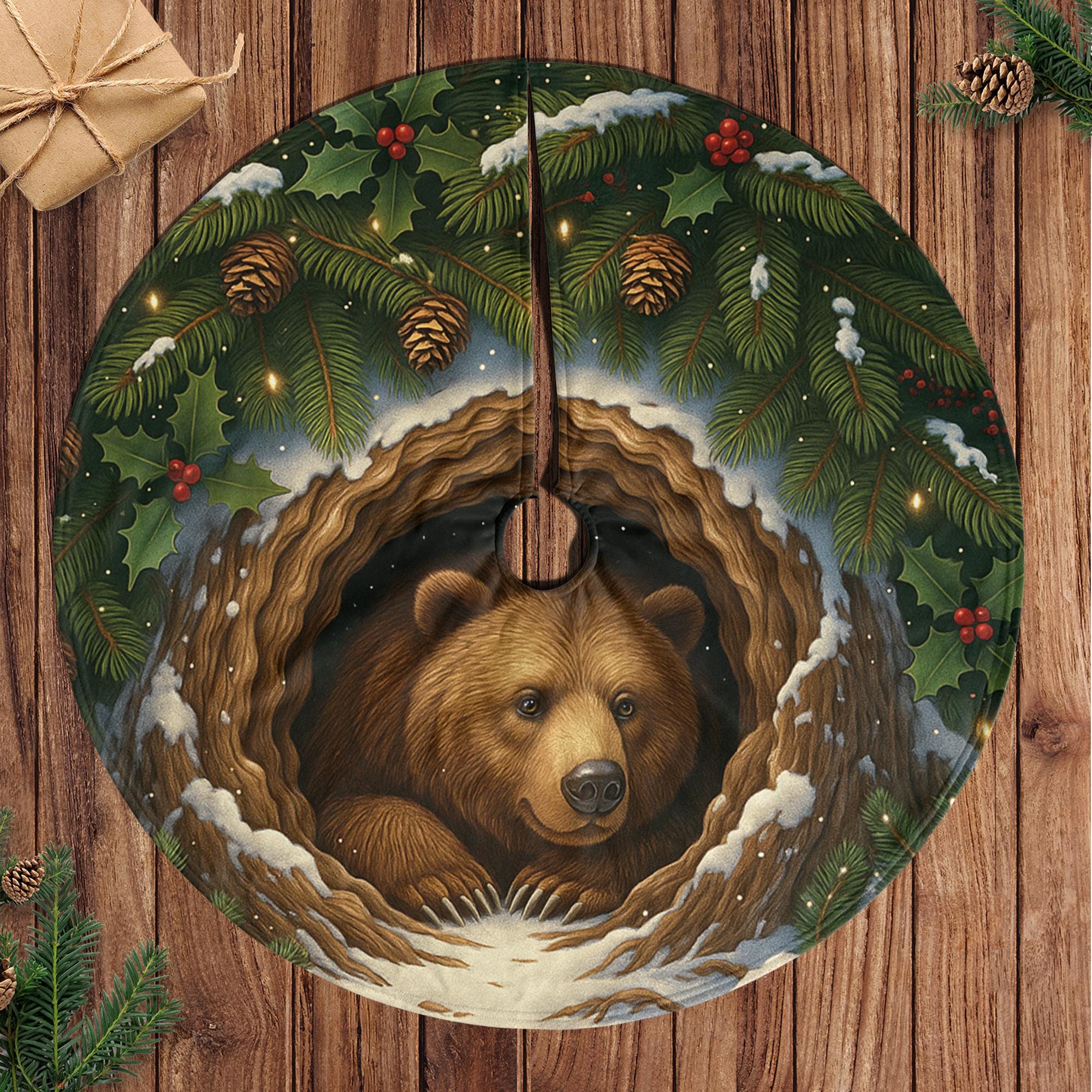 Woodland Bear Christmas Tree Skirt, Green Round Forest Cave Scene, Pine Holly Border image 1