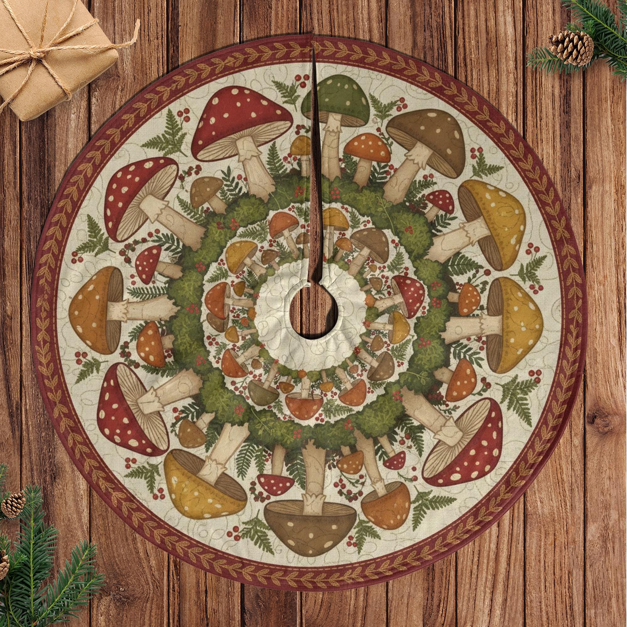 Mushroom Christmas Tree Skirt, Woodland Toadstool Spiral Wreath Design image 1
