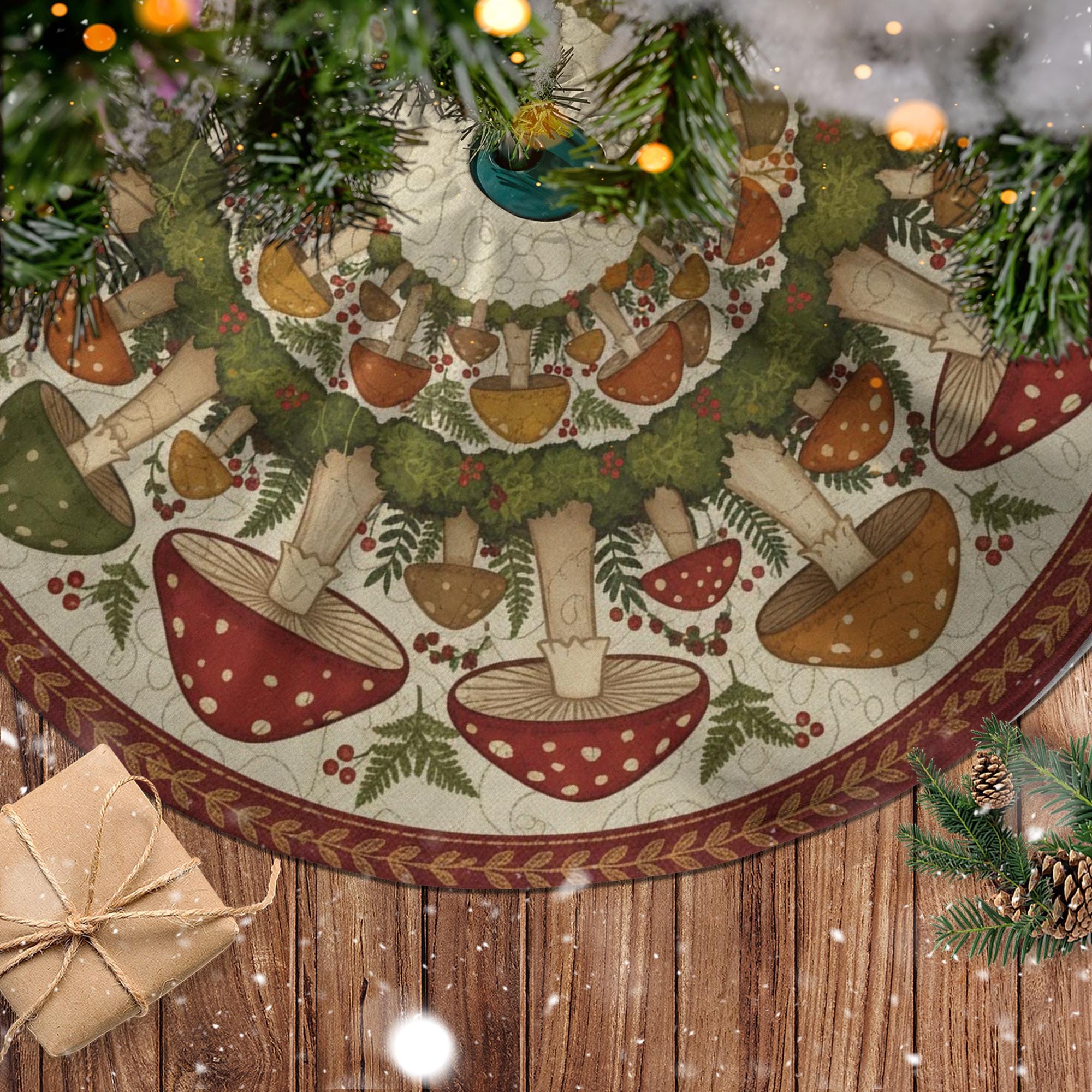 Mushroom Christmas Tree Skirt, Woodland Toadstool Spiral Wreath Design image 2