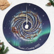 Santa Sleigh Tree Skirt, Reindeer Spiral Aurora Night, Navy Blue Round Tree Base Cover image 1