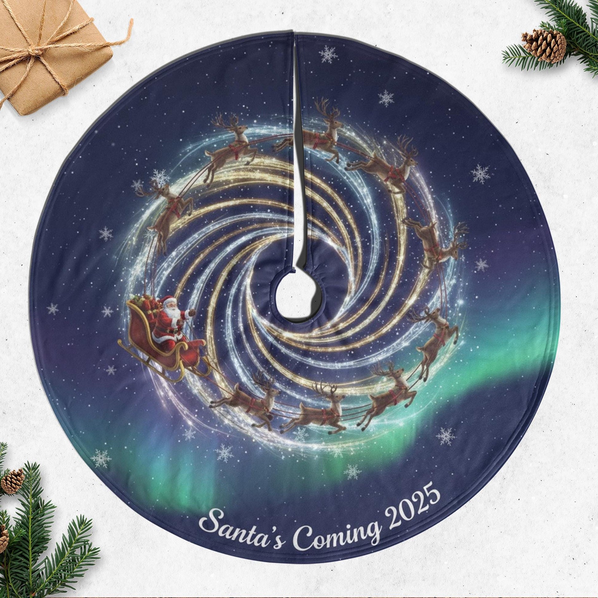 Santa Sleigh Tree Skirt, Reindeer Spiral Aurora Night, Navy Blue Round Tree Base Cover image 1