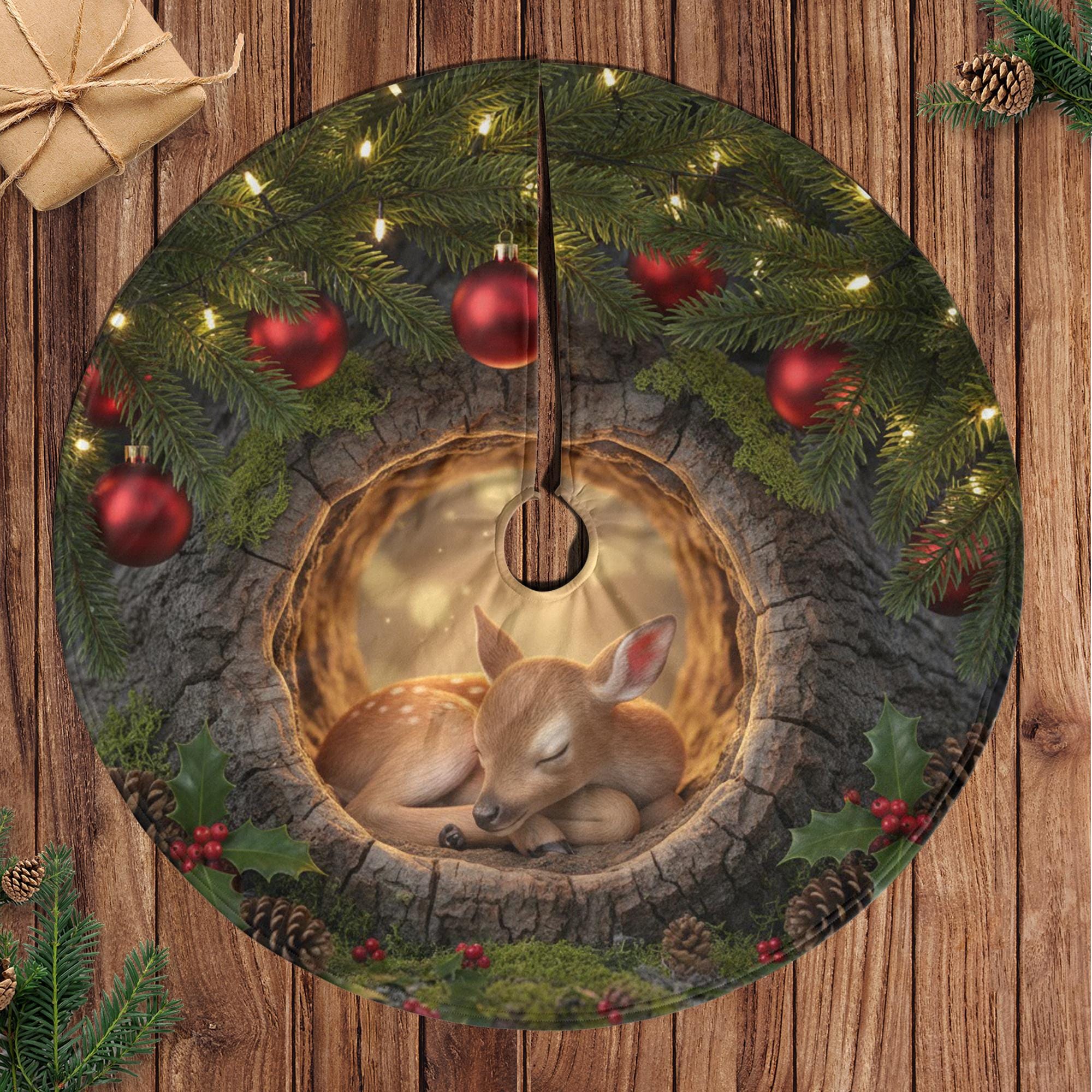 Woodland Fawn Christmas Tree Skirt, Sleeping Deer Tree Hollow Scene, Evergreen Boughs Red Ornaments image 1