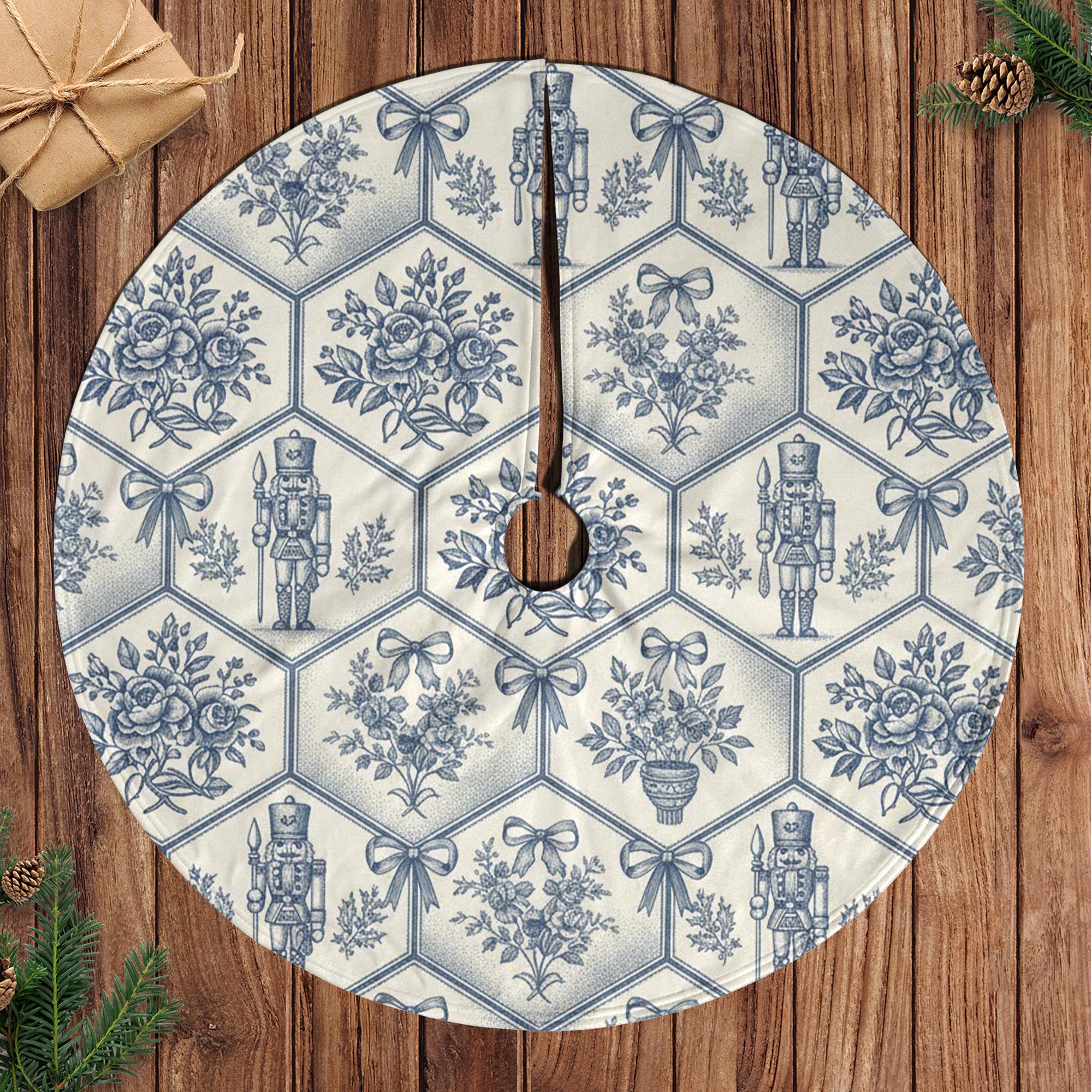 Blue Toile Nutcracker Tree Skirt, Round Christmas Tree Base Cover, Hexagon Floral Bow Pattern image 1