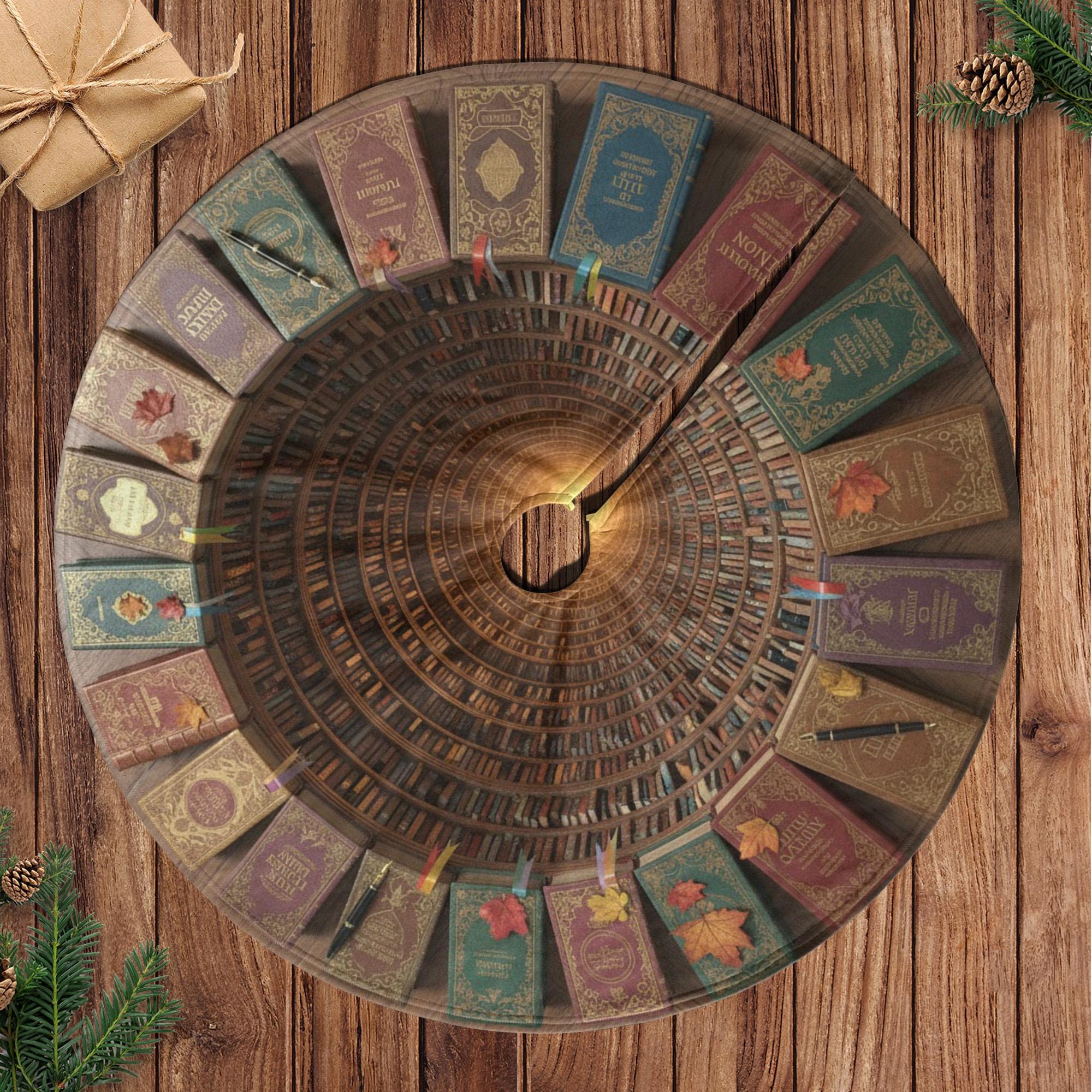 Book Library Christmas Tree Skirt, Vintage Bookshelf Spiral Print, Round Tree Base Cover image 1
