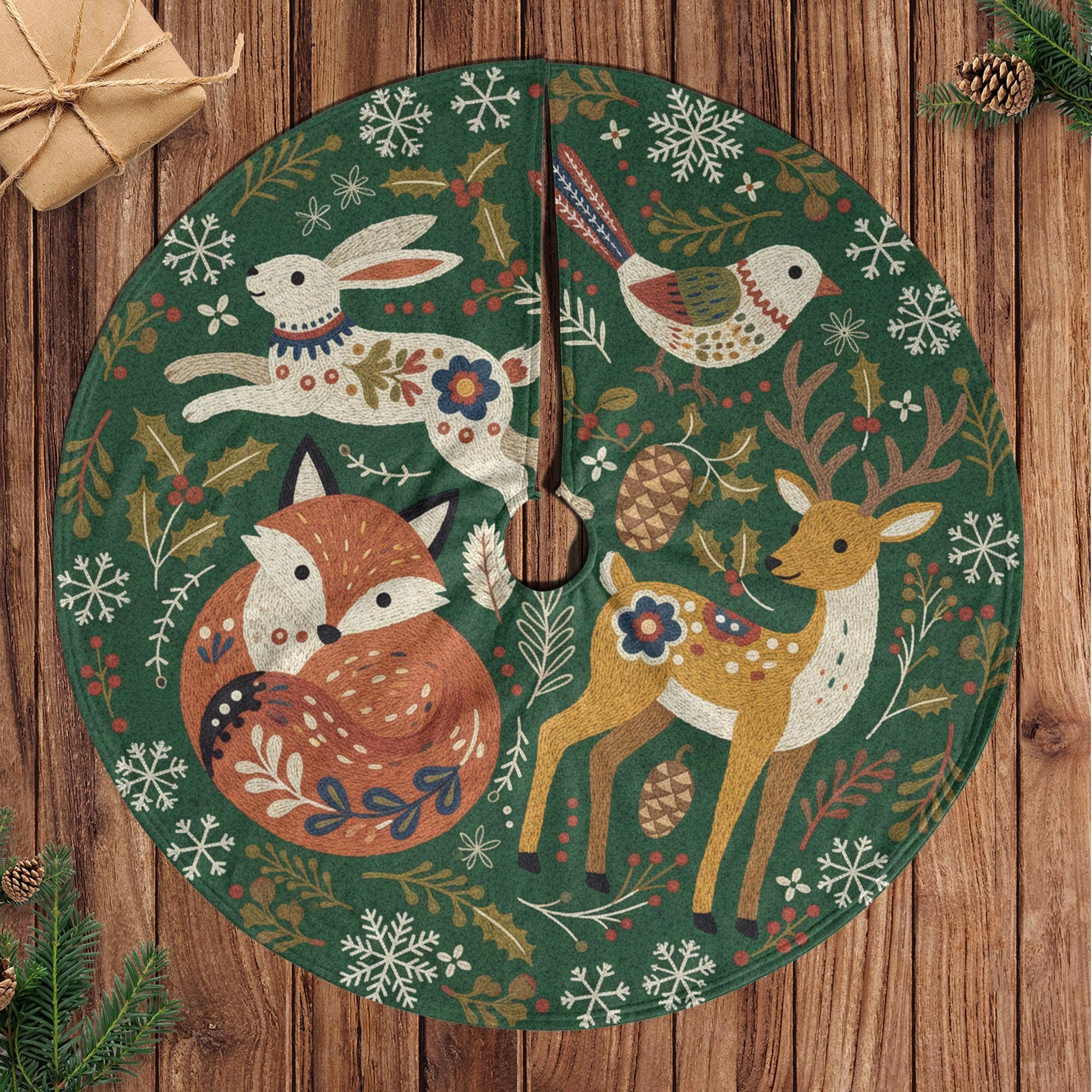 Scandinavian Folk Art Tree Skirt: Green Woodland Animal Holiday Decor, Fox Deer Rabbit image 1