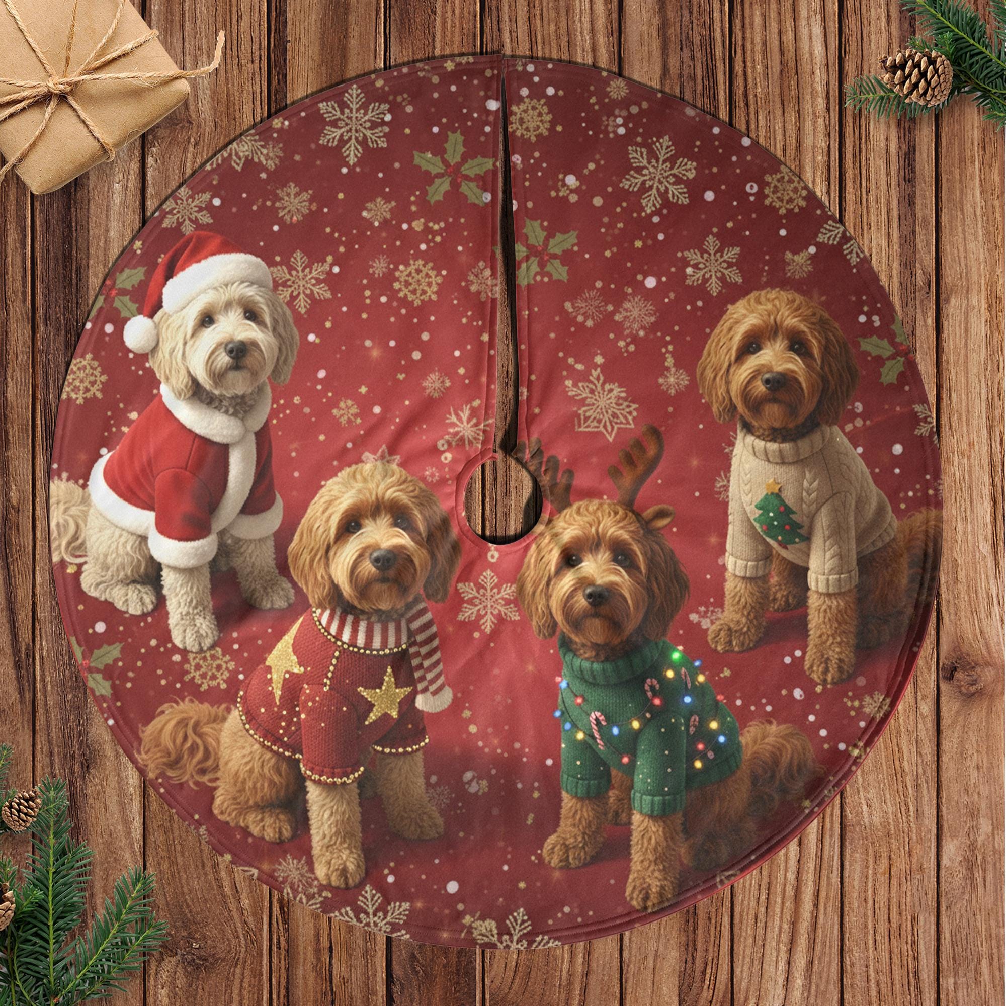 Goldendoodle Christmas Tree Skirt, Red Snowflake Background, Holiday Sweater Dogs image 2