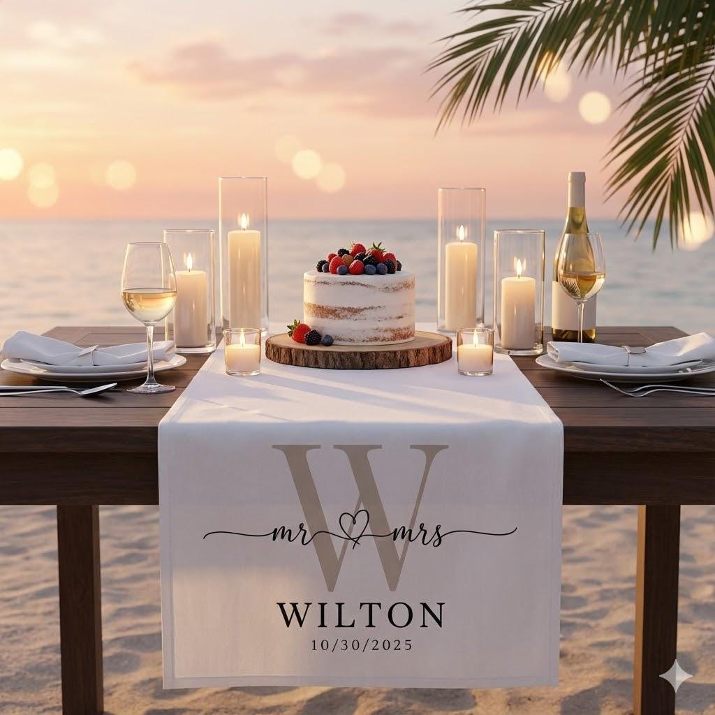 Personalized Cotton Table Runner: Wedding Date Display, Neutral, Printed, Decorative image 2