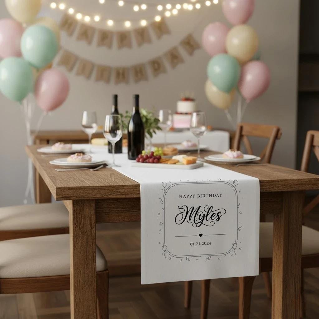 Personalized Table Runner: Birthday Name Display, Printed, Decorative, Neutral image 2