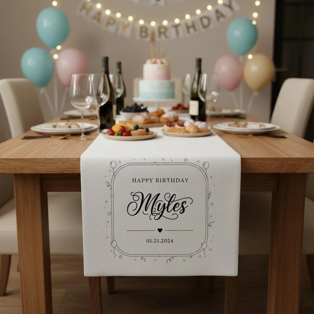 Personalized Table Runner: Birthday Name Display, Printed, Decorative, Neutral image 1