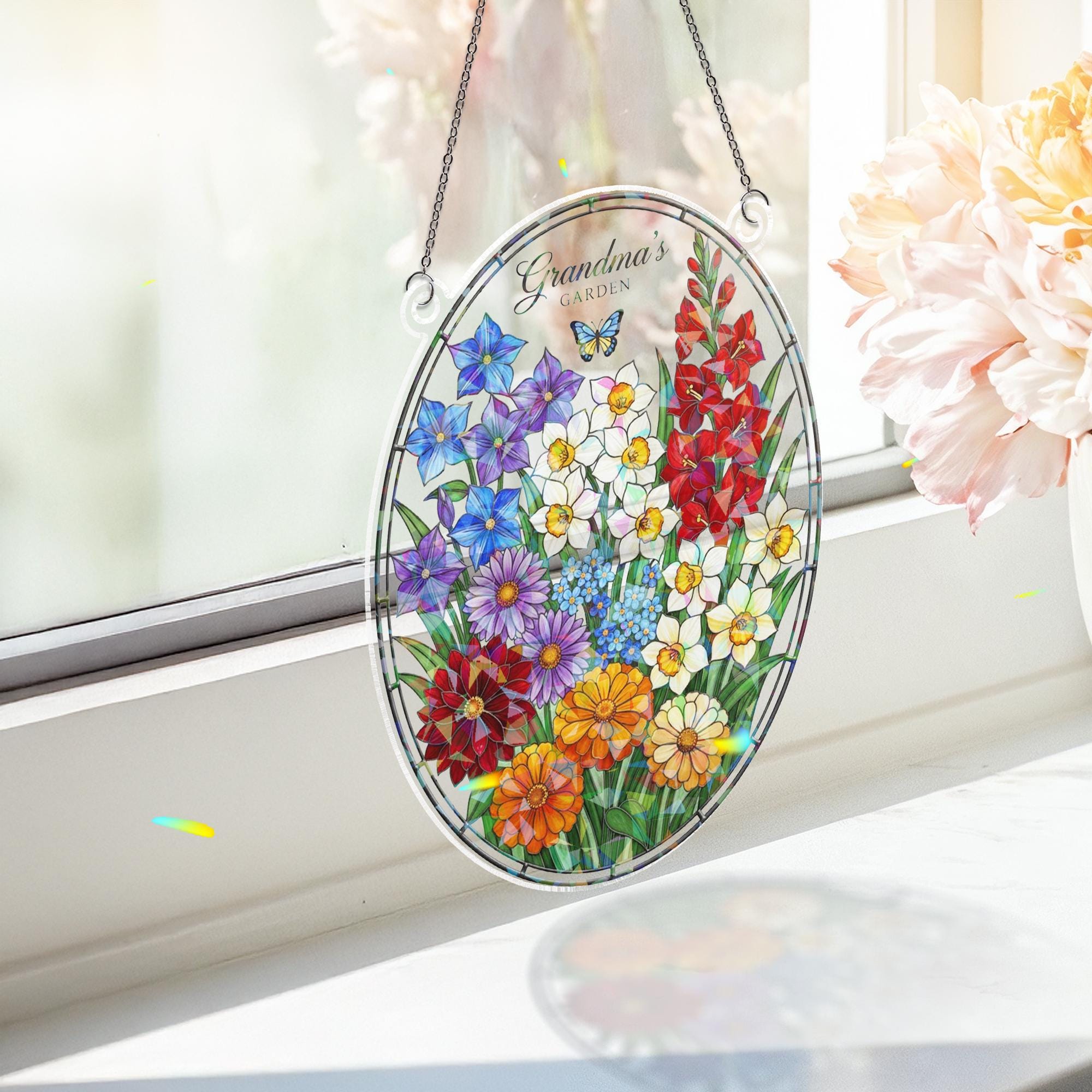 Personalized Acrylic Suncatcher: Garden Birthday Month Display, Holographic, Floral, Hanging Decor image 3