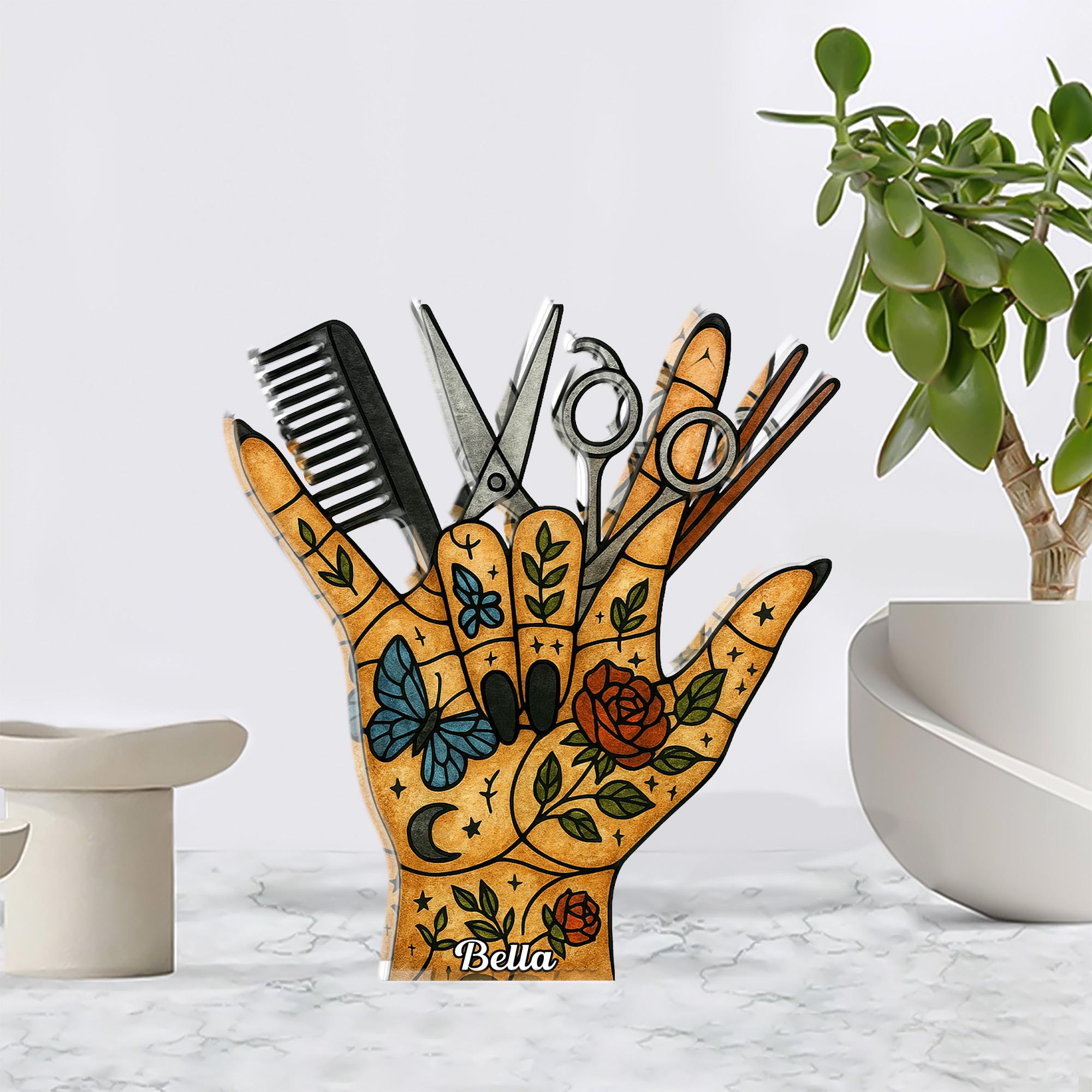 Hairdresser Hand Acrylic Block, Salon Tool Illustration, Scissors Comb Decor, Personalized Name image 2