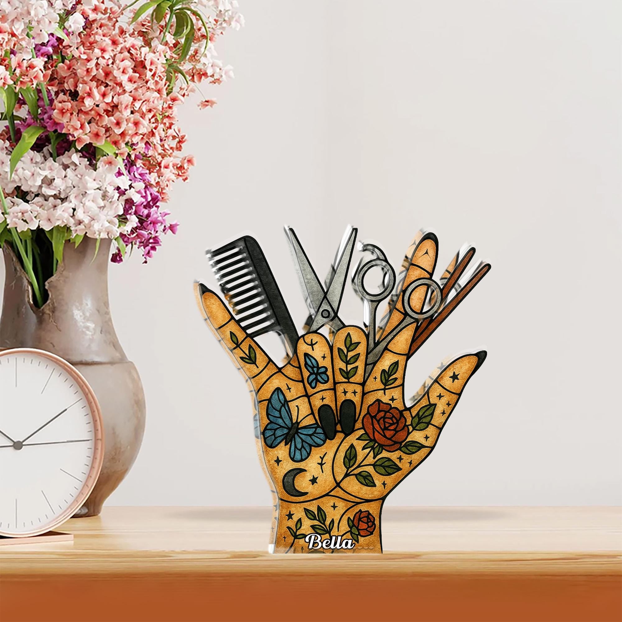 Hairdresser Hand Acrylic Block, Salon Tool Illustration, Scissors Comb Decor, Personalized Name image 1