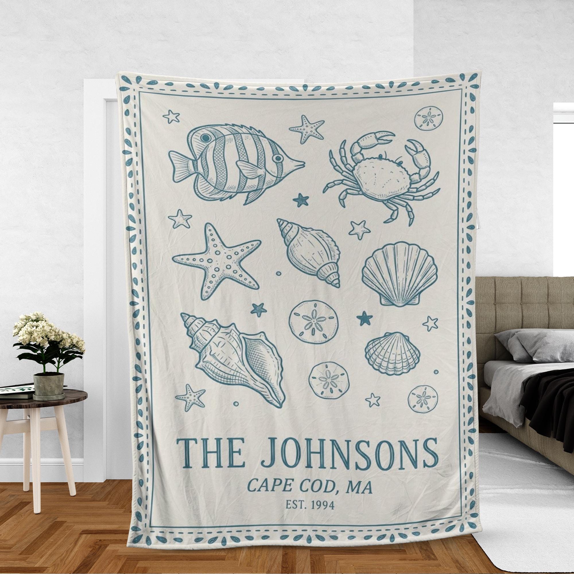 Personalized Fleece Blanket: Coastal Family Name Display, Marine Life, Decorative, Cape Cod Theme image 1