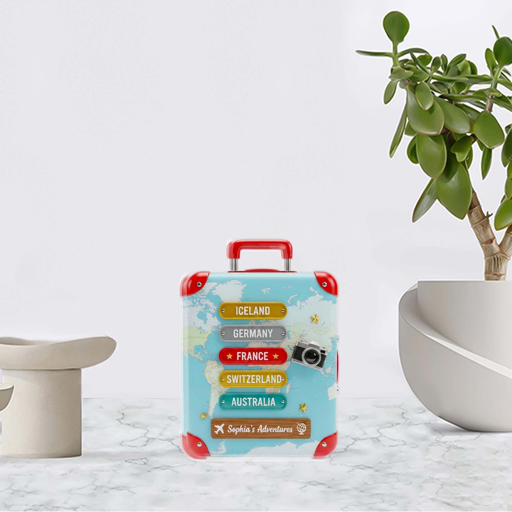 Personalized Travel Suitcase Acrylic Block, World Map Destination Sign Desk Decor image 2