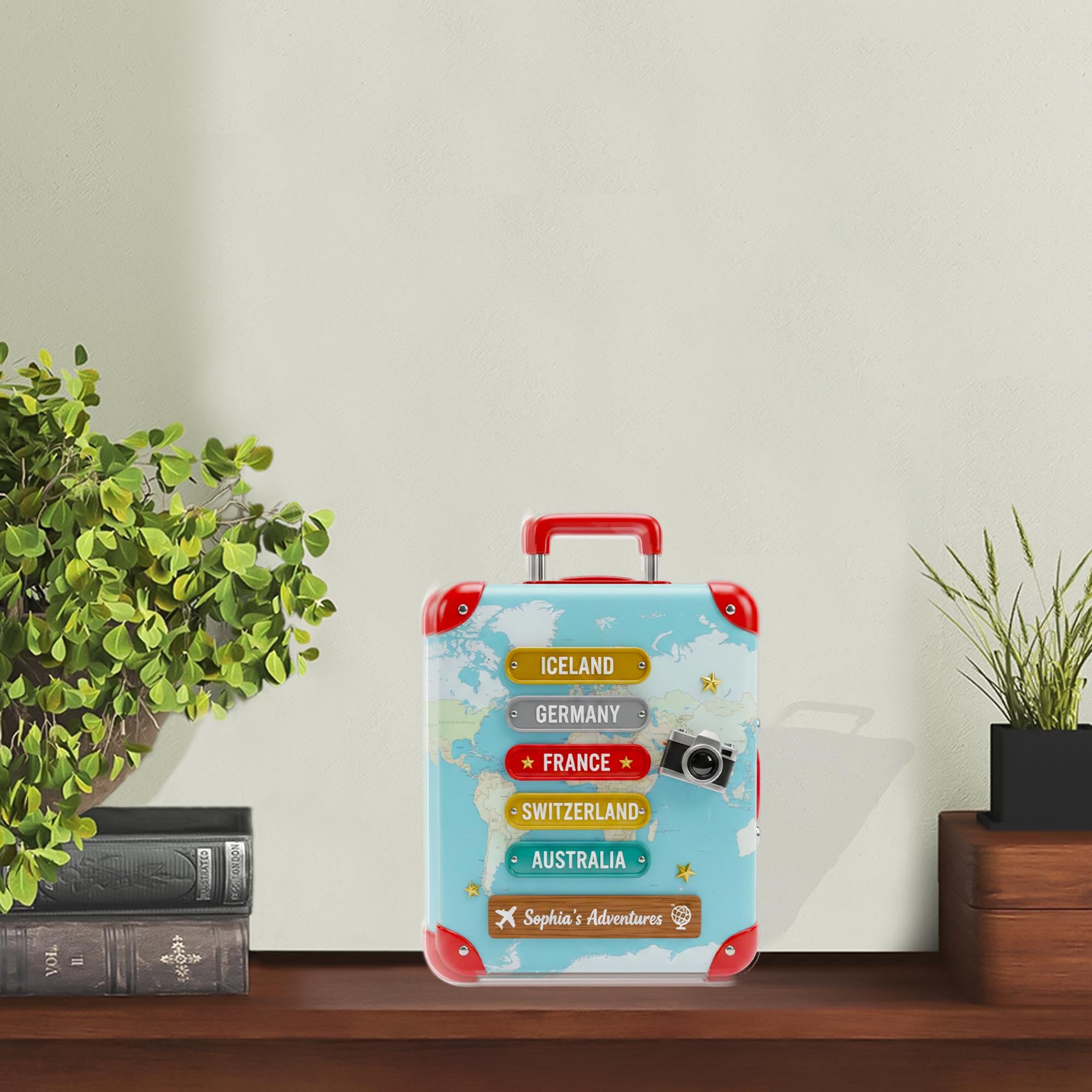 Personalized Travel Suitcase Acrylic Block, World Map Destination Sign Desk Decor image 1