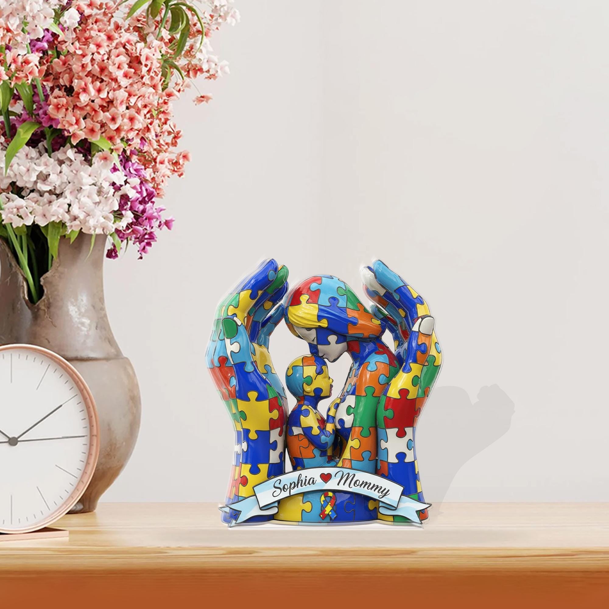 Personalized Autism Puzzle Acrylic Block, Mother and Child Figure Name Plaque image 2