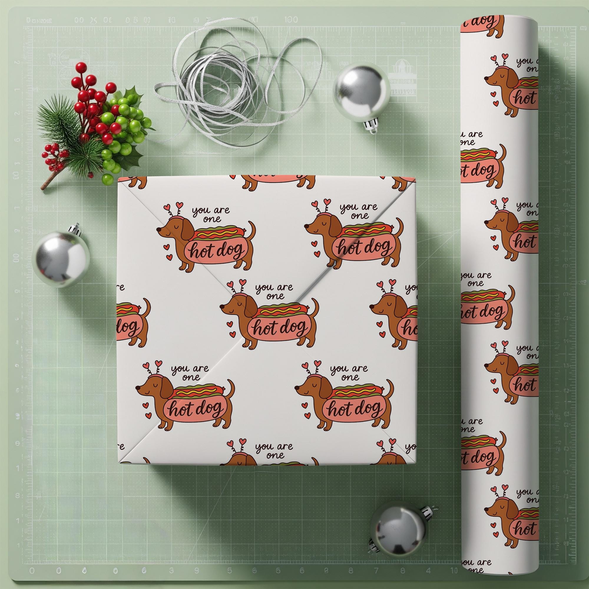 Dachshund Hot Dog Wrapping Paper Roll, Valentine Pattern, Pink Sausage Dog Print image 1
