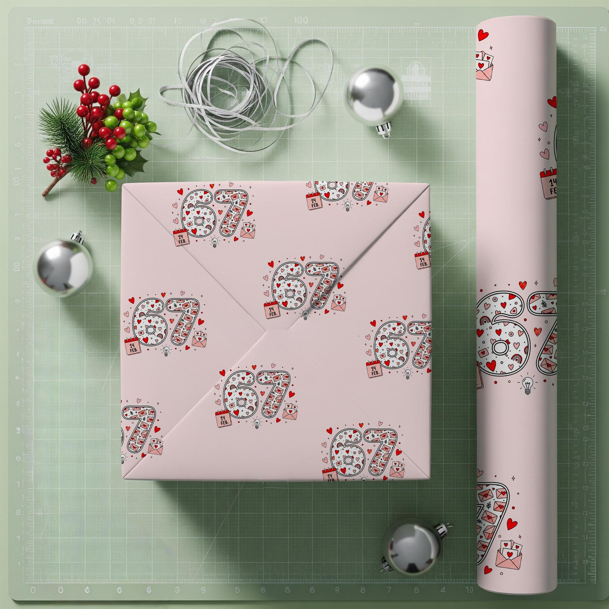 Wrapping Paper Roll, 67 Meme Print, Gen Alpha Meme Pattern, Pink Heart Doodle image 1