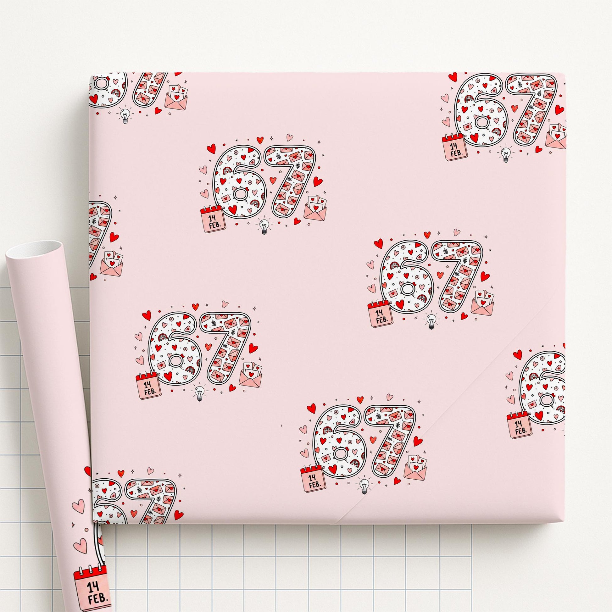 Wrapping Paper Roll, 67 Meme Print, Gen Alpha Meme Pattern, Pink Heart Doodle image 4