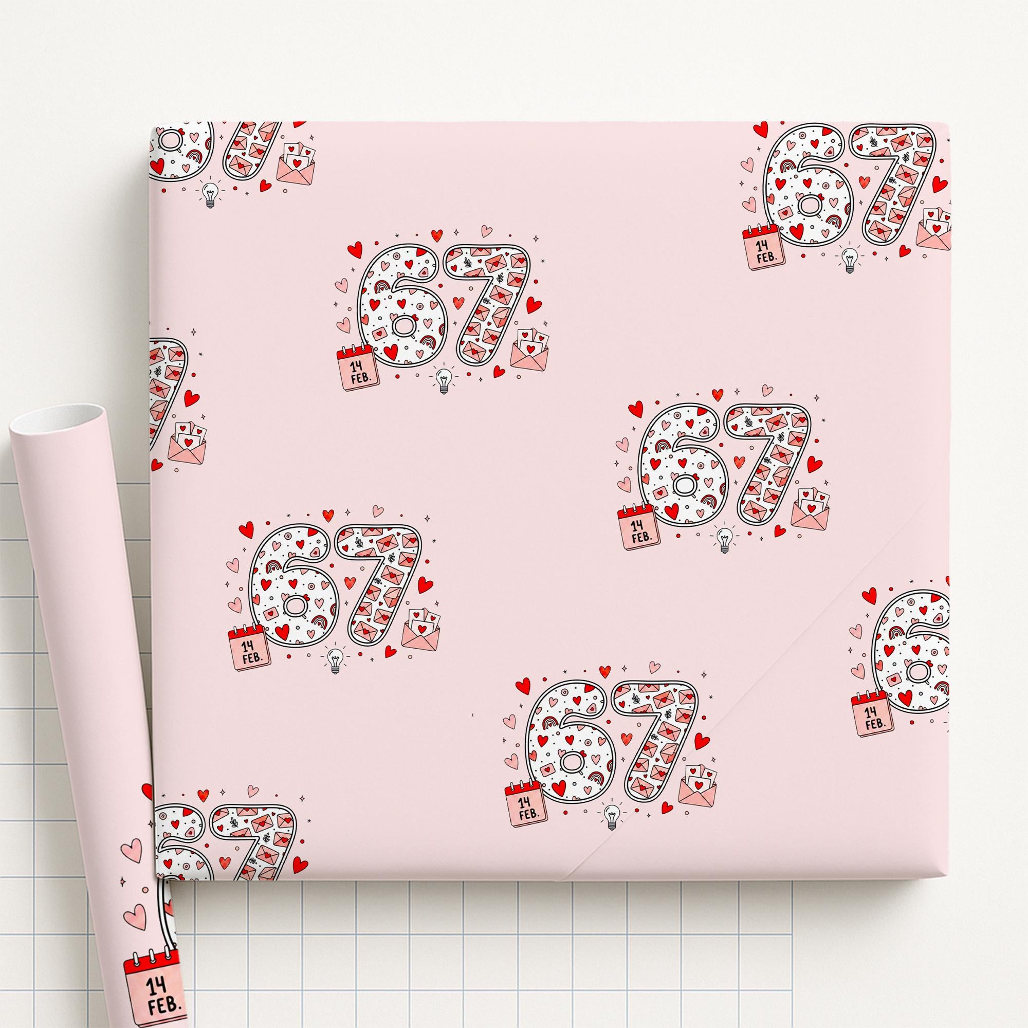Wrapping Paper Roll, 67 Meme Print, Gen Alpha Meme Pattern, Pink Heart Doodle image 4