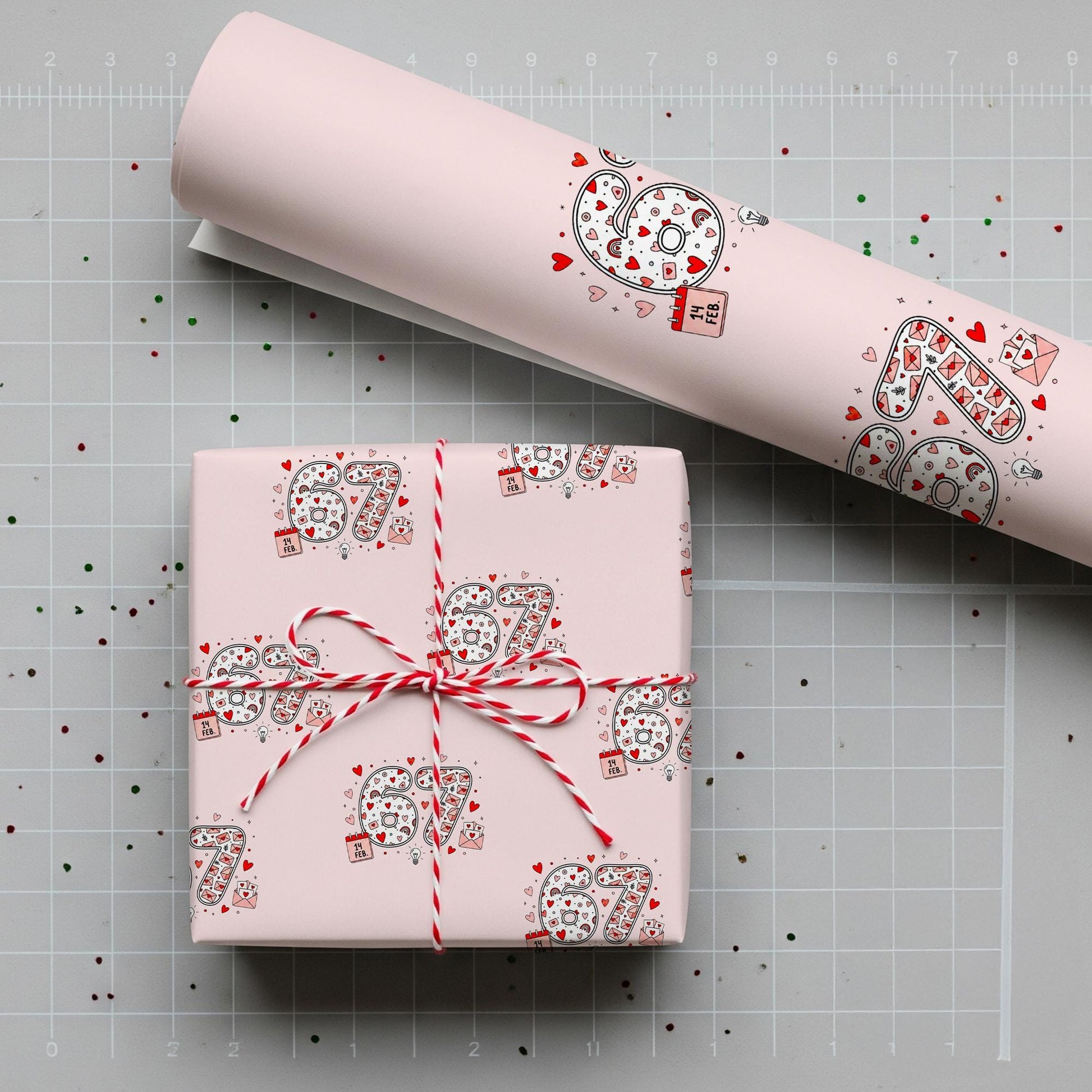 Wrapping Paper Roll, 67 Meme Print, Gen Alpha Meme Pattern, Pink Heart Doodle image 3