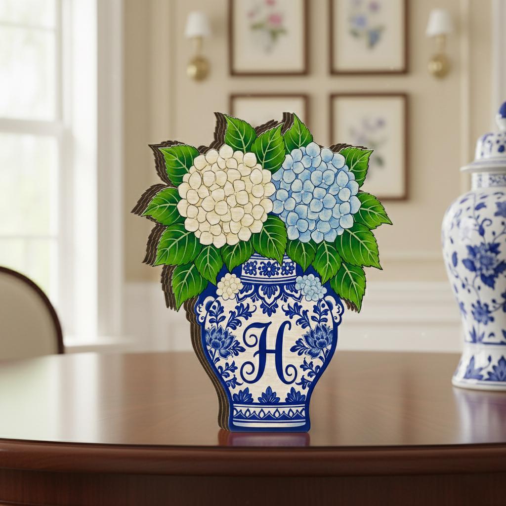 Personalized Hydrangea Wooden Block, Blue White Chinoiserie Vase Initial Table Decor image 1
