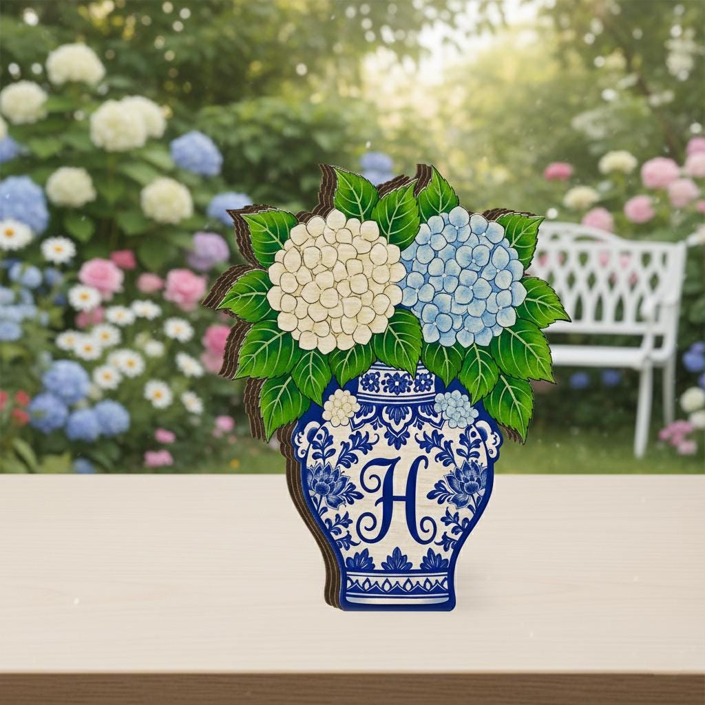 Personalized Hydrangea Wooden Block, Blue White Chinoiserie Vase Initial Table Decor image 2