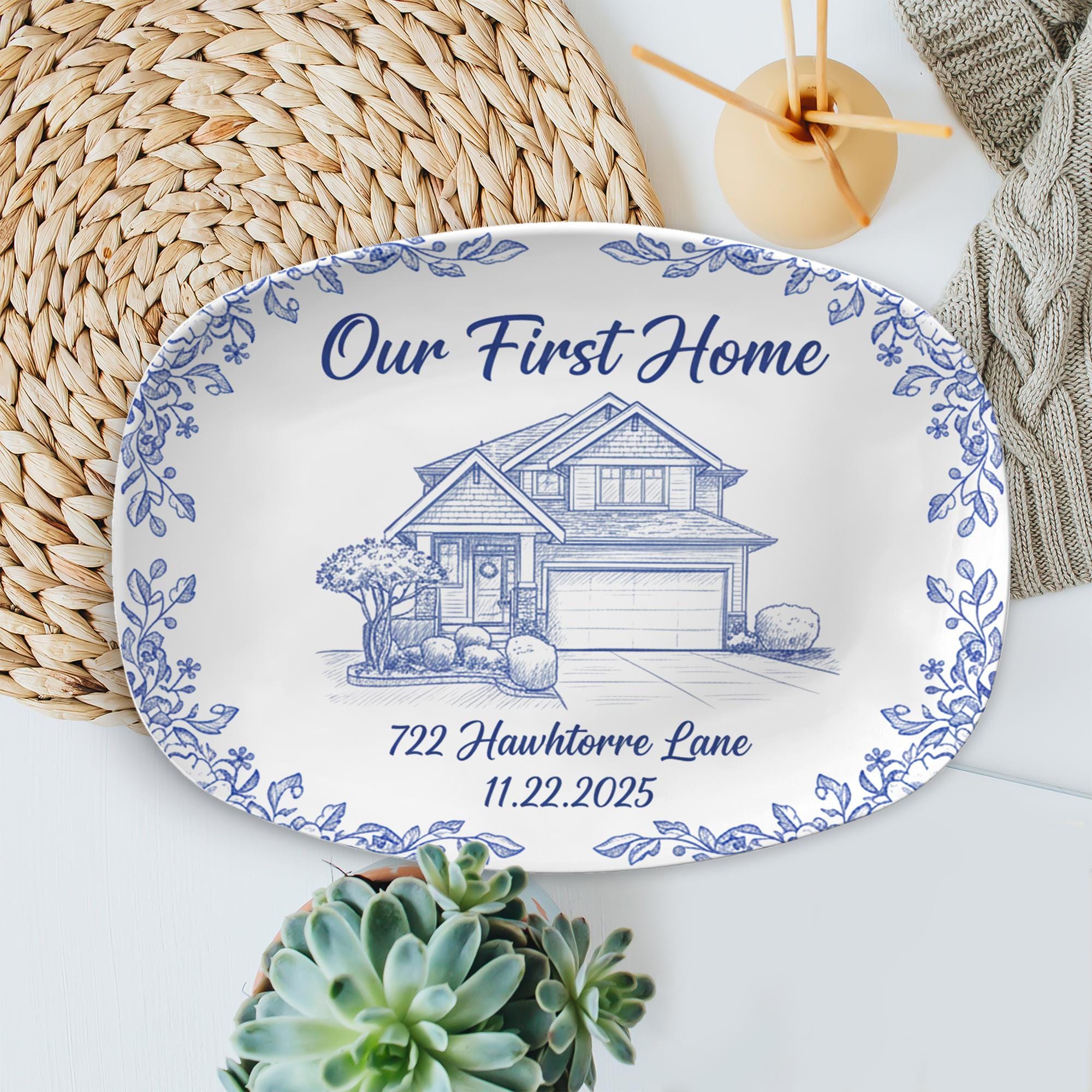 Personalized Home Plate, Resin Plastic Decor Dish, Custom House Illustration Design image 1