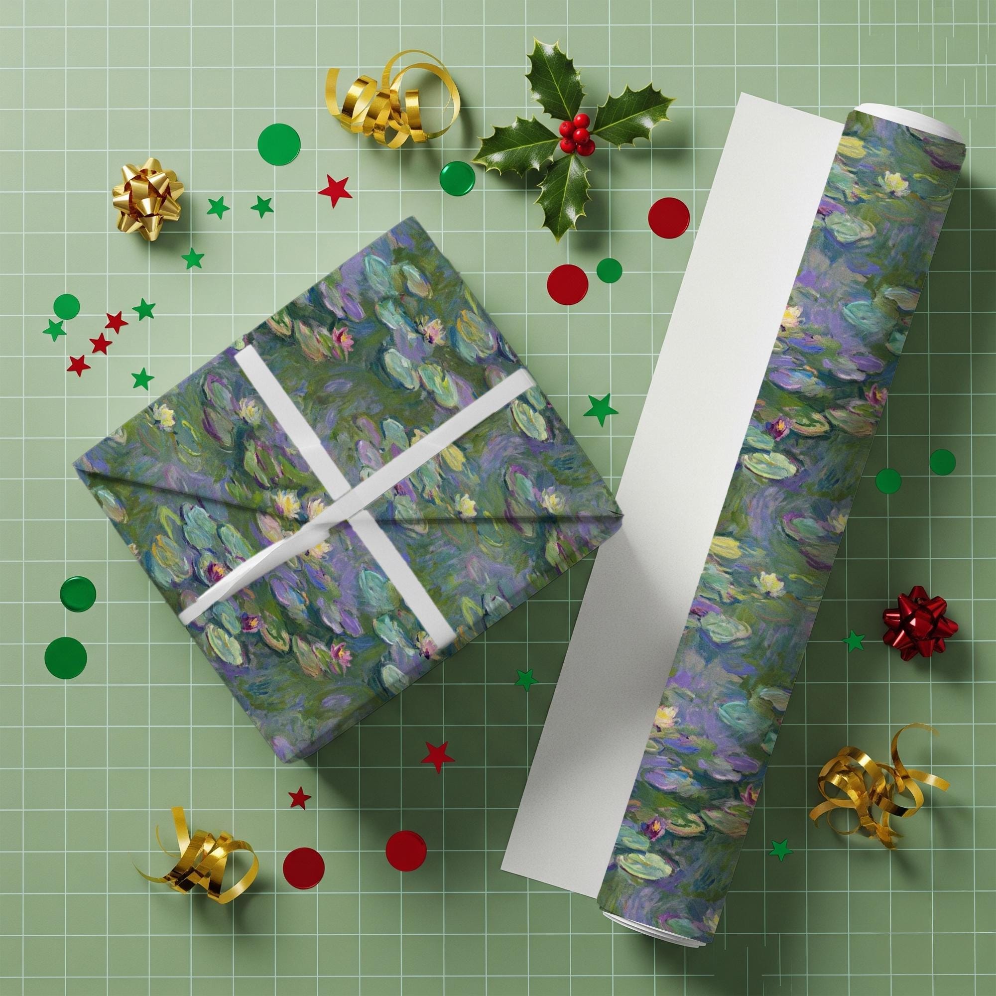 Heavyweight Paper Gift Wrap: Claude Monet Water Lilies Print, Impressionist Floral Green Oil Painting image 4