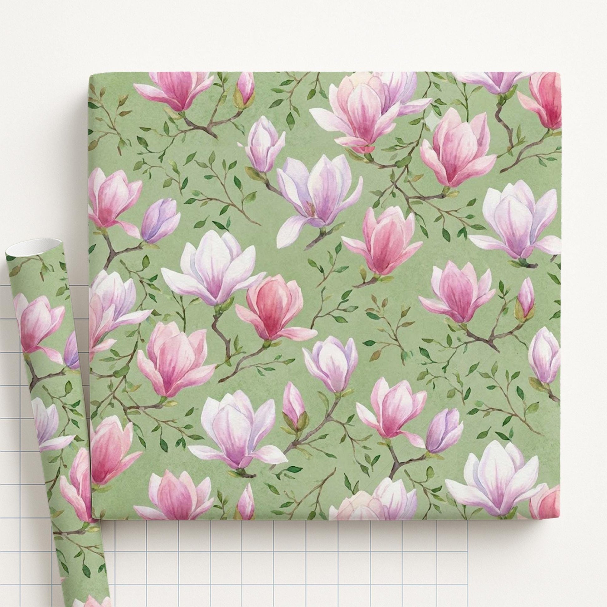 Matte Paper Gift Wrap: Pink Magnolia Flower Pattern, Green Watercolor Botanical image 2