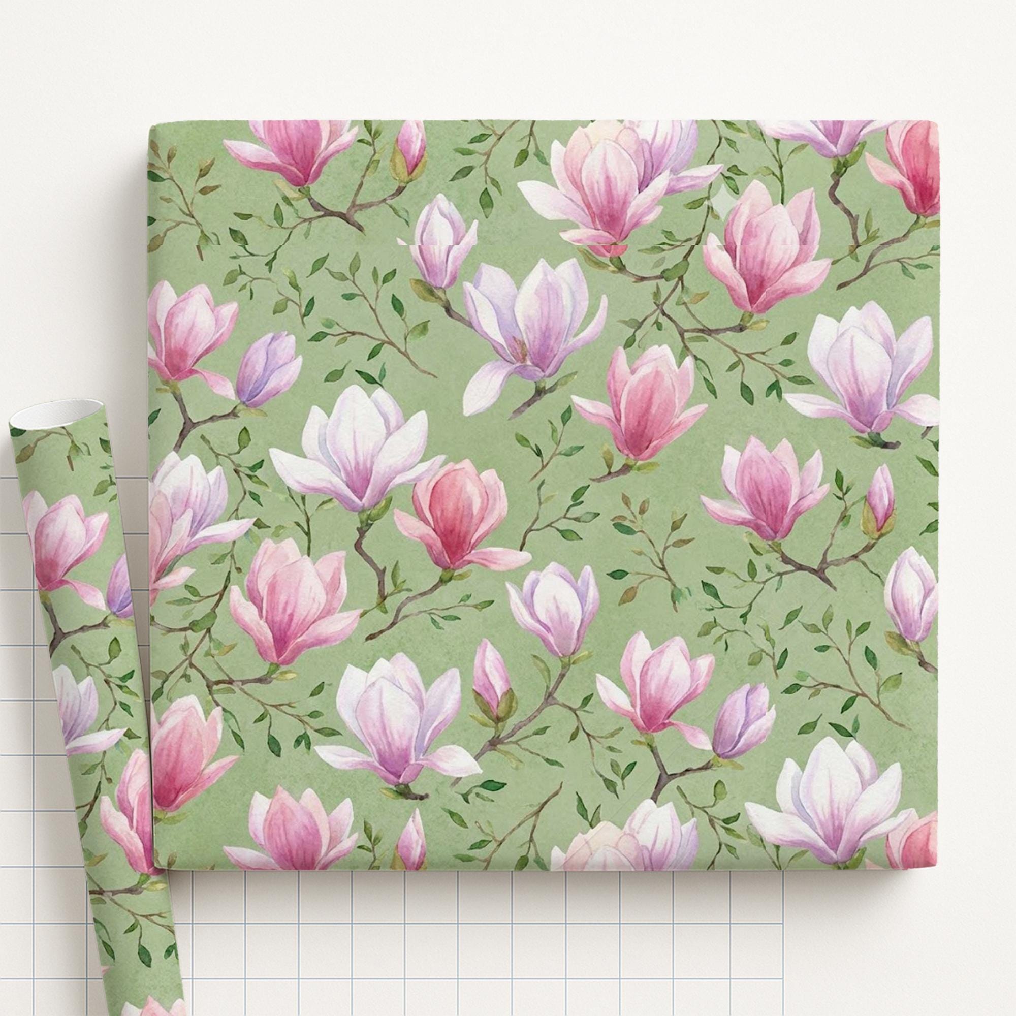 Matte Paper Gift Wrap: Pink Magnolia Flower Pattern, Green Watercolor Botanical image 2