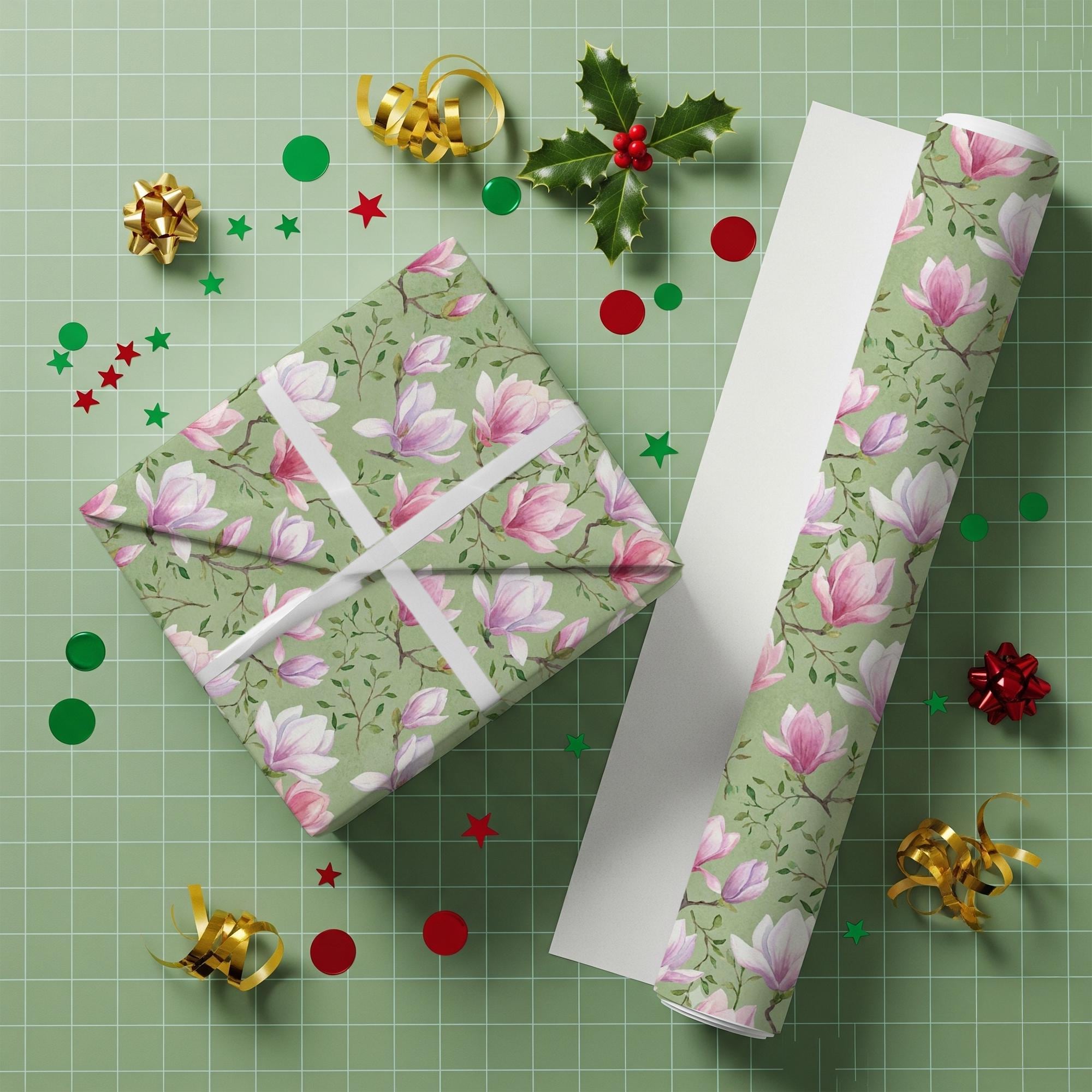 Matte Paper Gift Wrap: Pink Magnolia Flower Pattern, Green Watercolor Botanical image 4