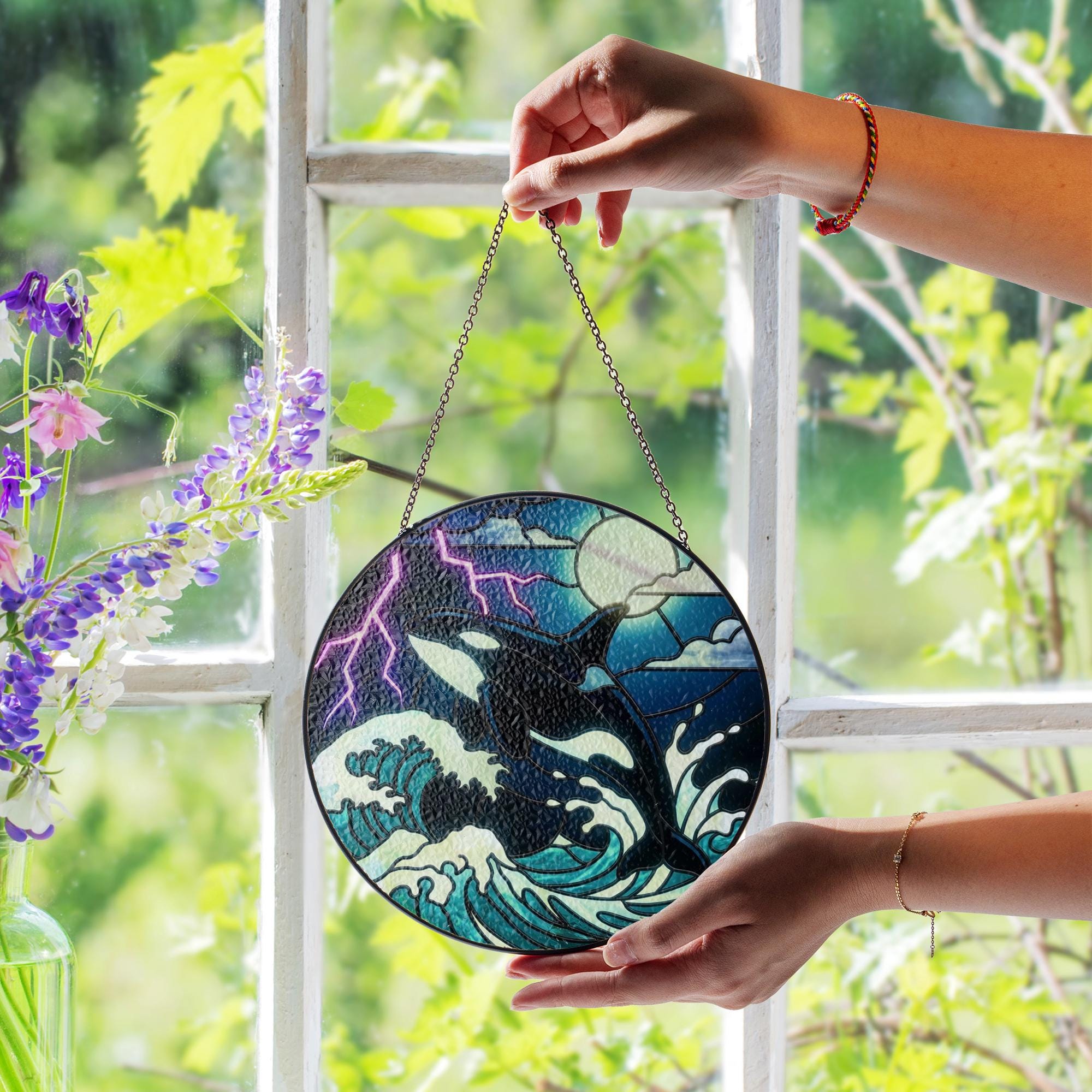 Jumping Orca Whale, Night Ocean Storm Lightning Art Window Hanging image 1