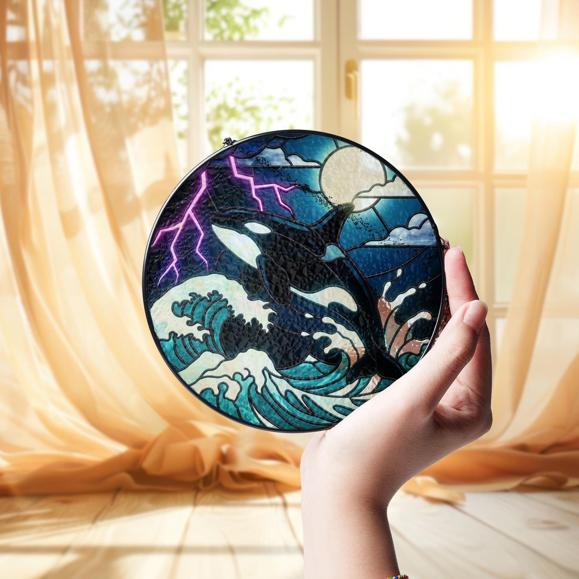 Jumping Orca Whale, Night Ocean Storm Lightning Art Window Hanging image 2